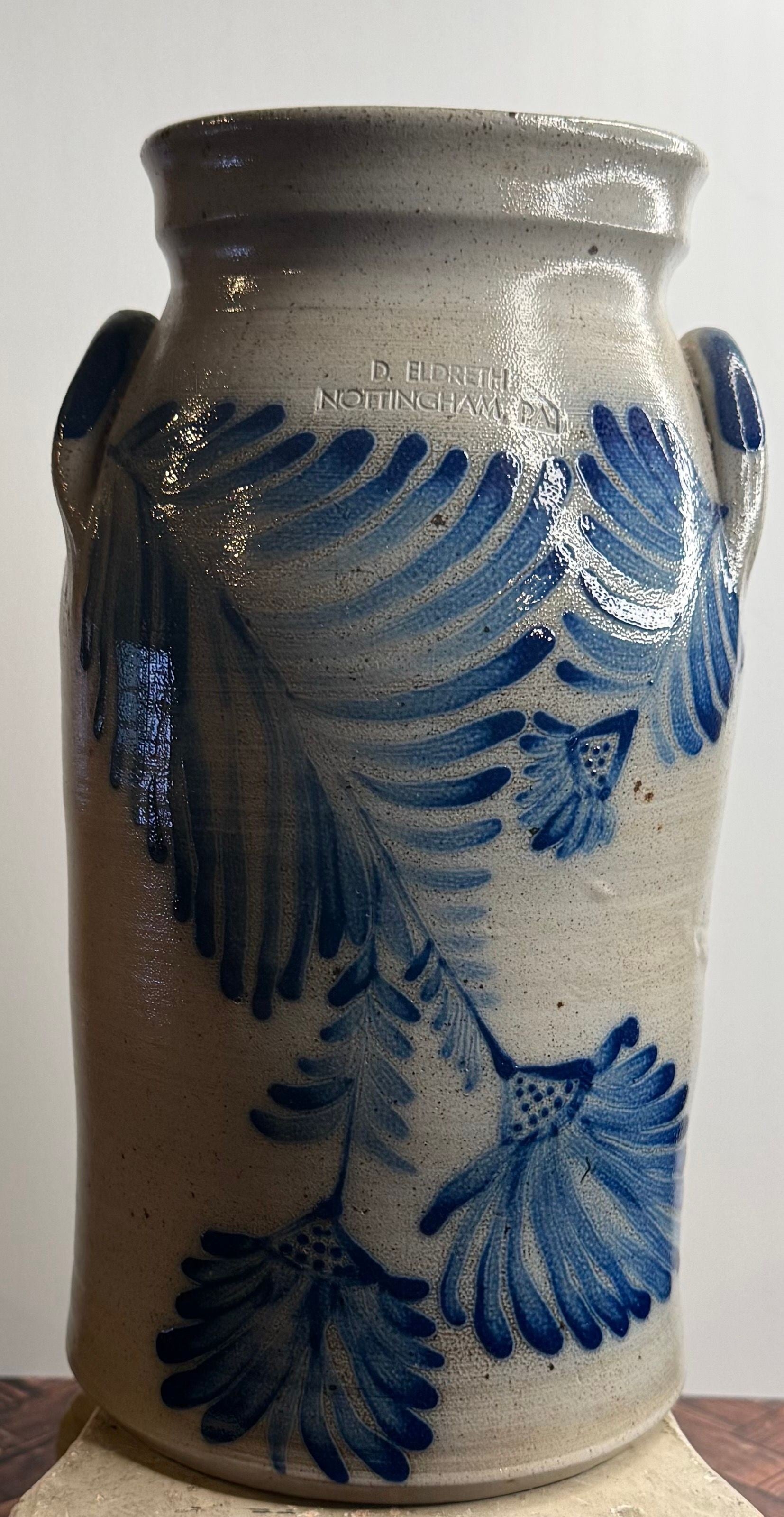 Vintage American Salt-Glazed Stoneware Vase — D. Eldreth Pottery Nottingham PA Cobalt Botanical