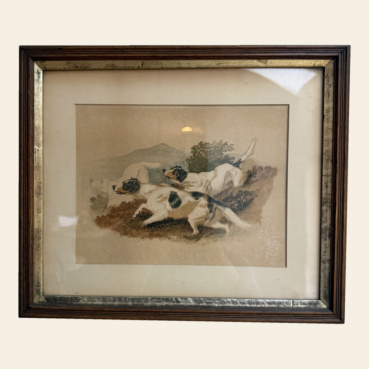 Antique 1874 Chromolithograph, The Setters, Three English Setters, Walnut Frame