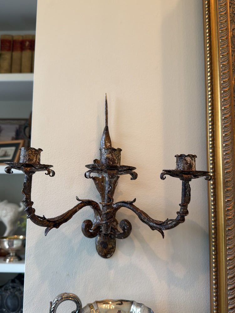 Pair Spanish or Italian Wrought Iron 3-Arm Pricket Wall Sconces, 18th C.