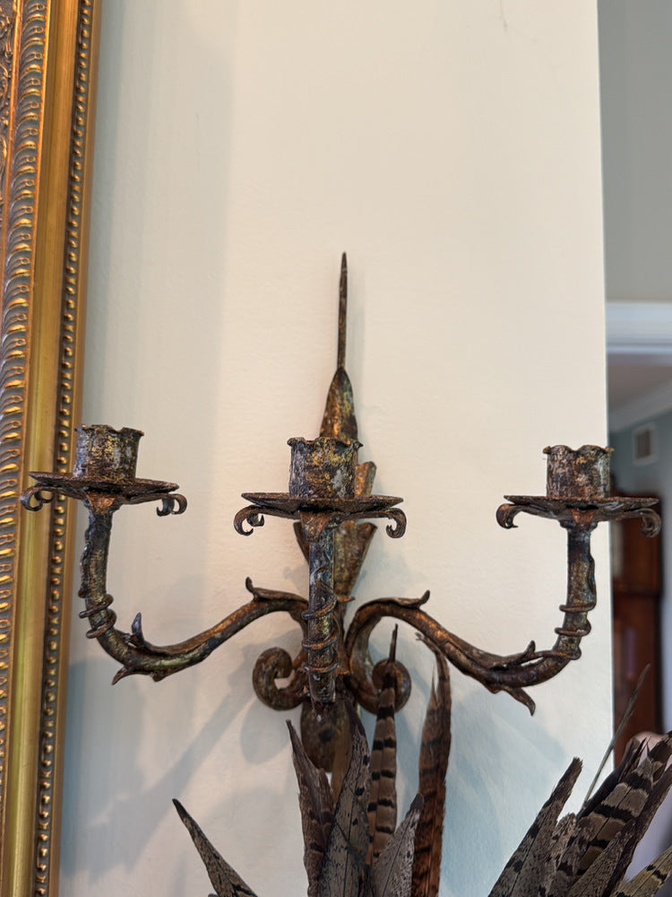 Pair Spanish or Italian Wrought Iron 3-Arm Pricket Wall Sconces, 18th C.