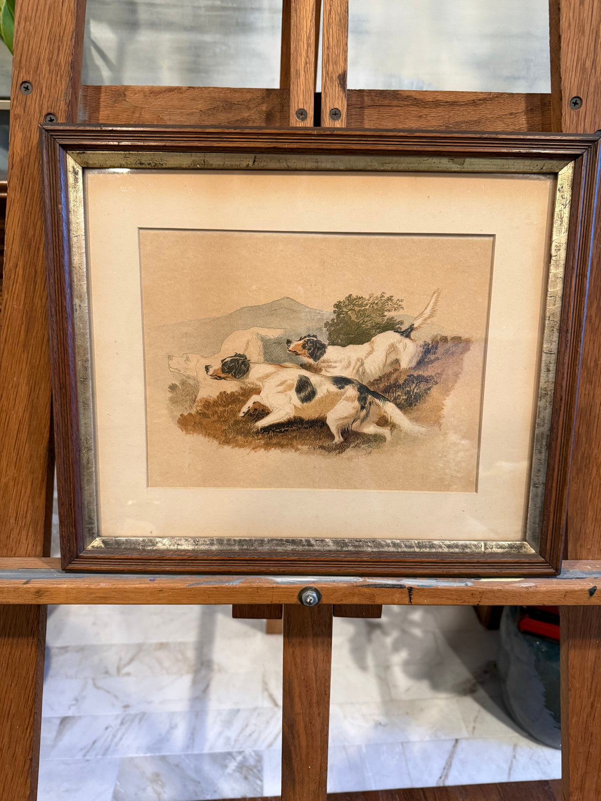 Antique 1874 Chromolithograph, The Setters, Three English Setters, Walnut Frame