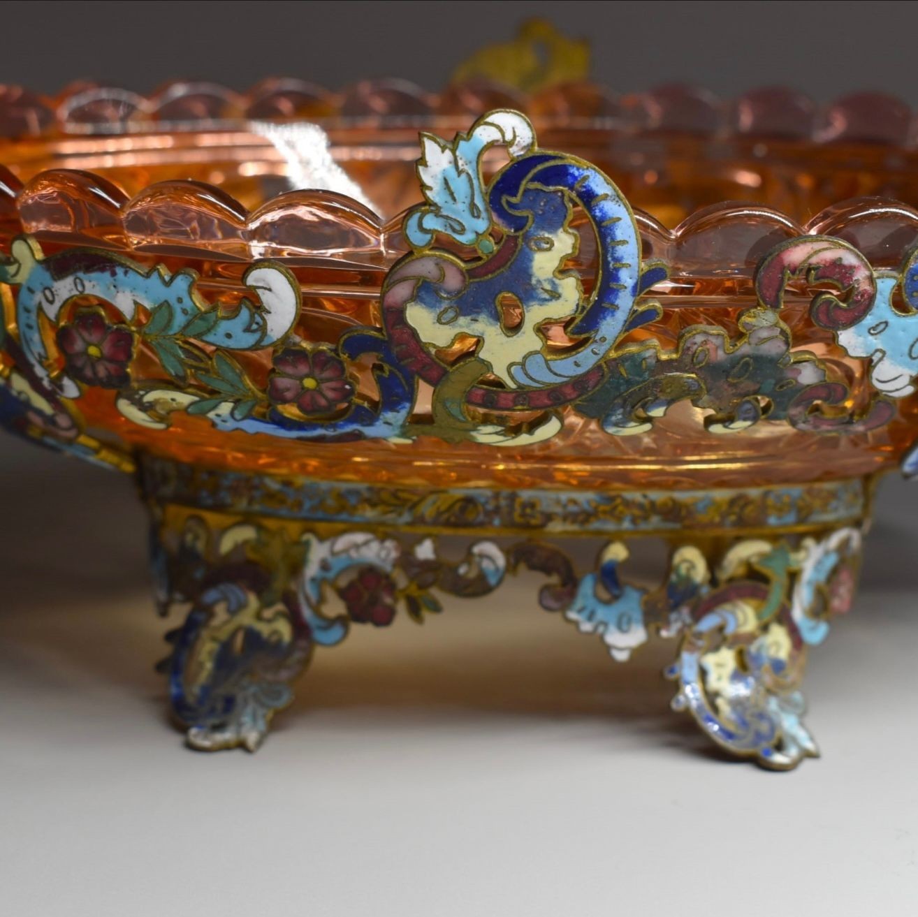 French Champlevé & Gilt Bronze Centerpiece Bowl, Rococo Revival, c.1870