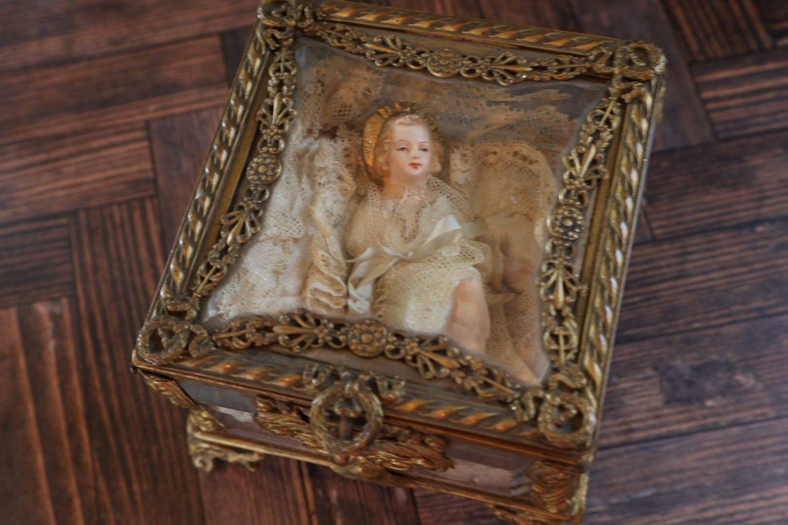 French Ormolu Glass Vitrine Casket, Wax Infant Figure