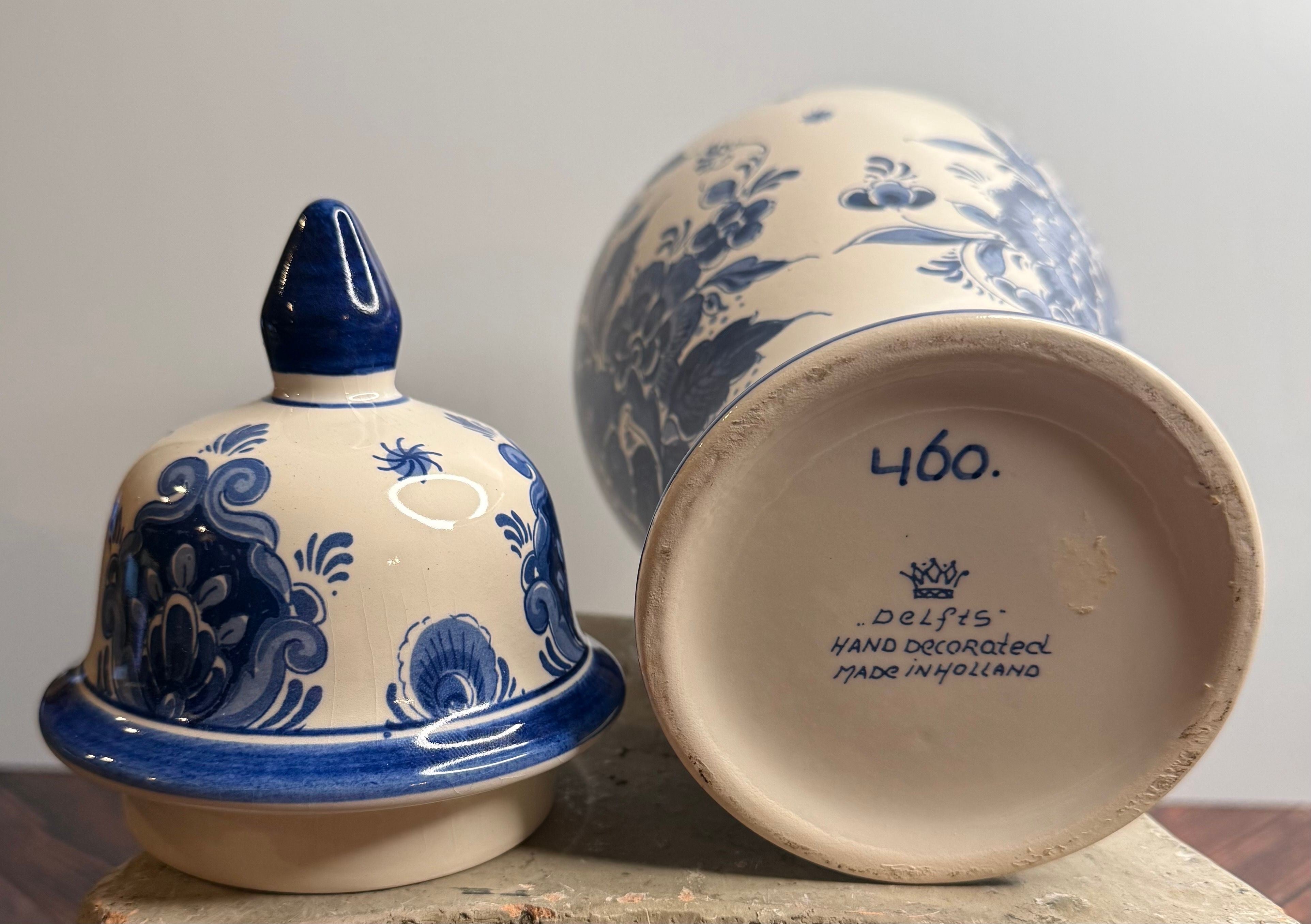 Vintage Dutch Hand-Painted Earthenware Ginger Jar — Delft-Style Cobalt Floral Mid-20th Century