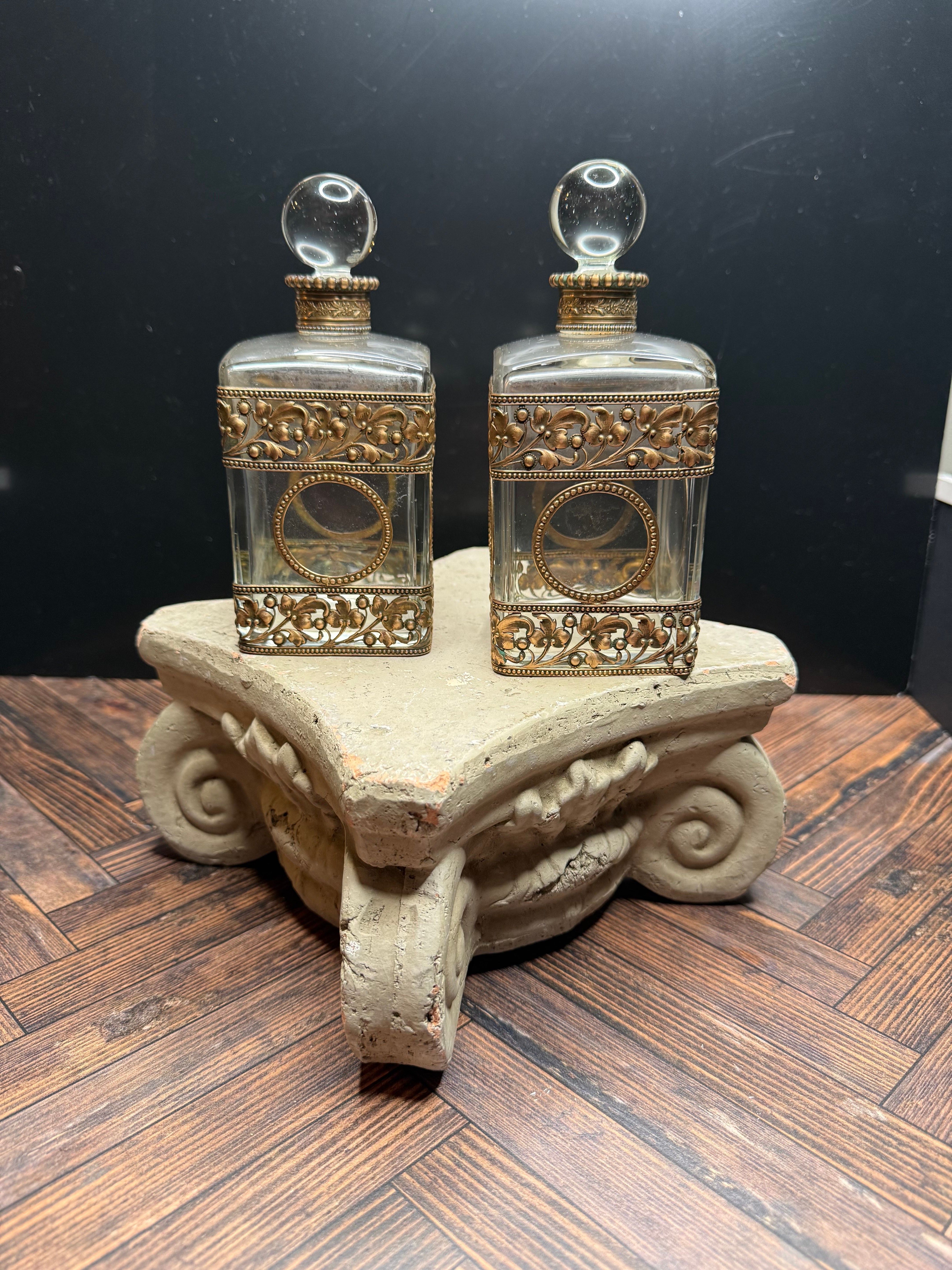 Antique French Crystal Perfume Bottle Pair — Belle Époque Pierced Gilt Brass Mounts
