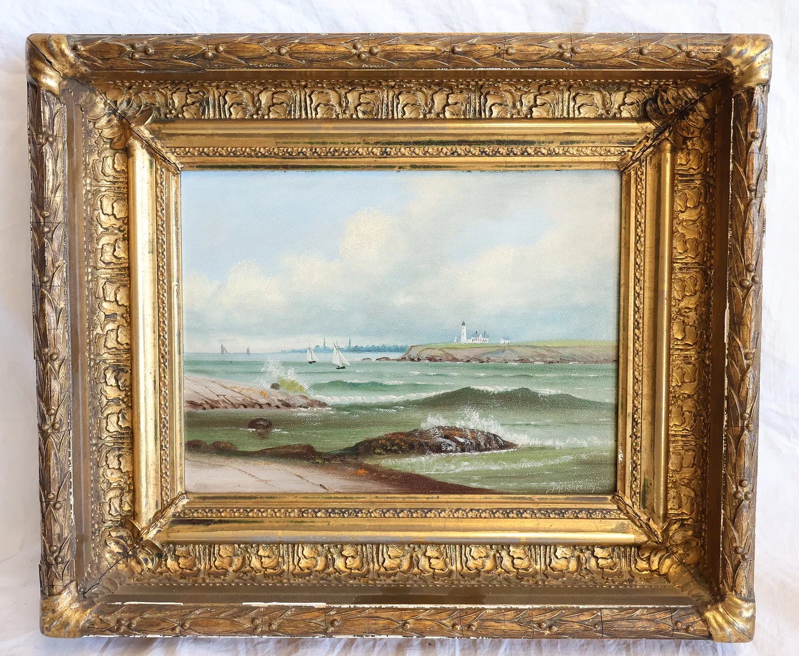 Antique American Oil on Board Marine Painting — D.A. Fisher Signed and Dated 1892