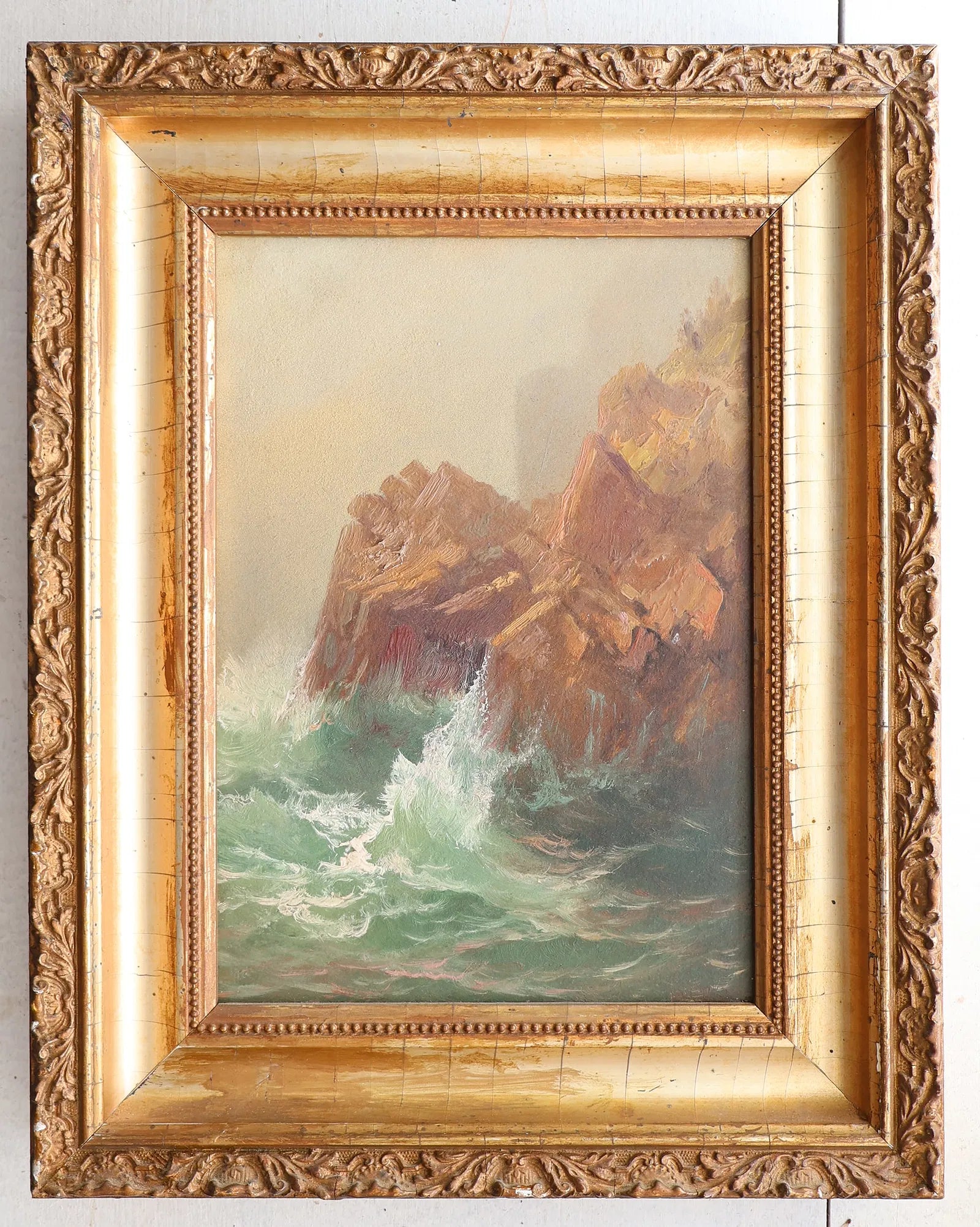 Antique American Oil on Paper Marine Painting — Harrison Bird Brown Signed Coastal Scene