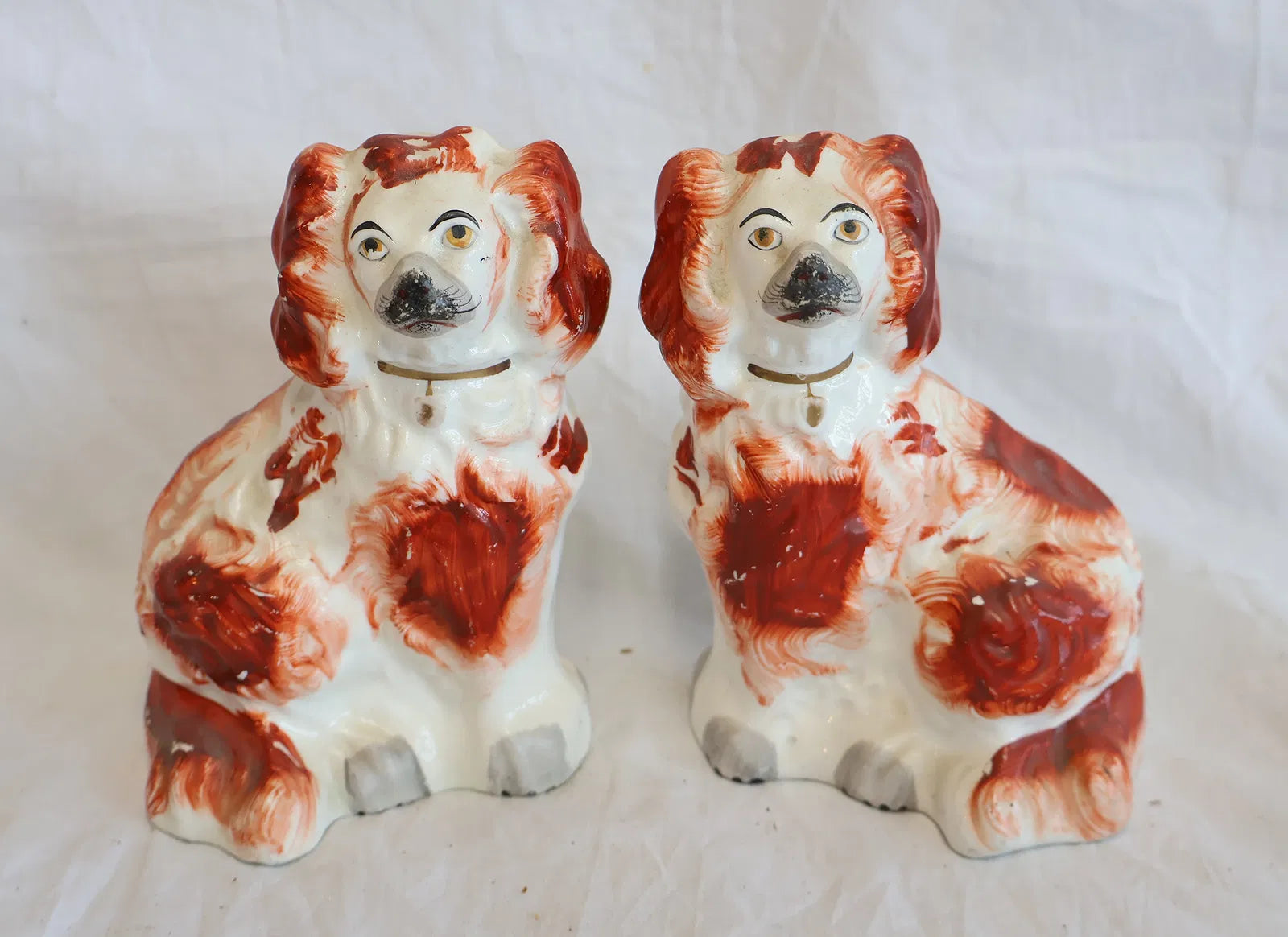 Victorian Staffordshire Spaniel Pair, Russet Copper Luster, Wally Dogs, c.1850–1880
