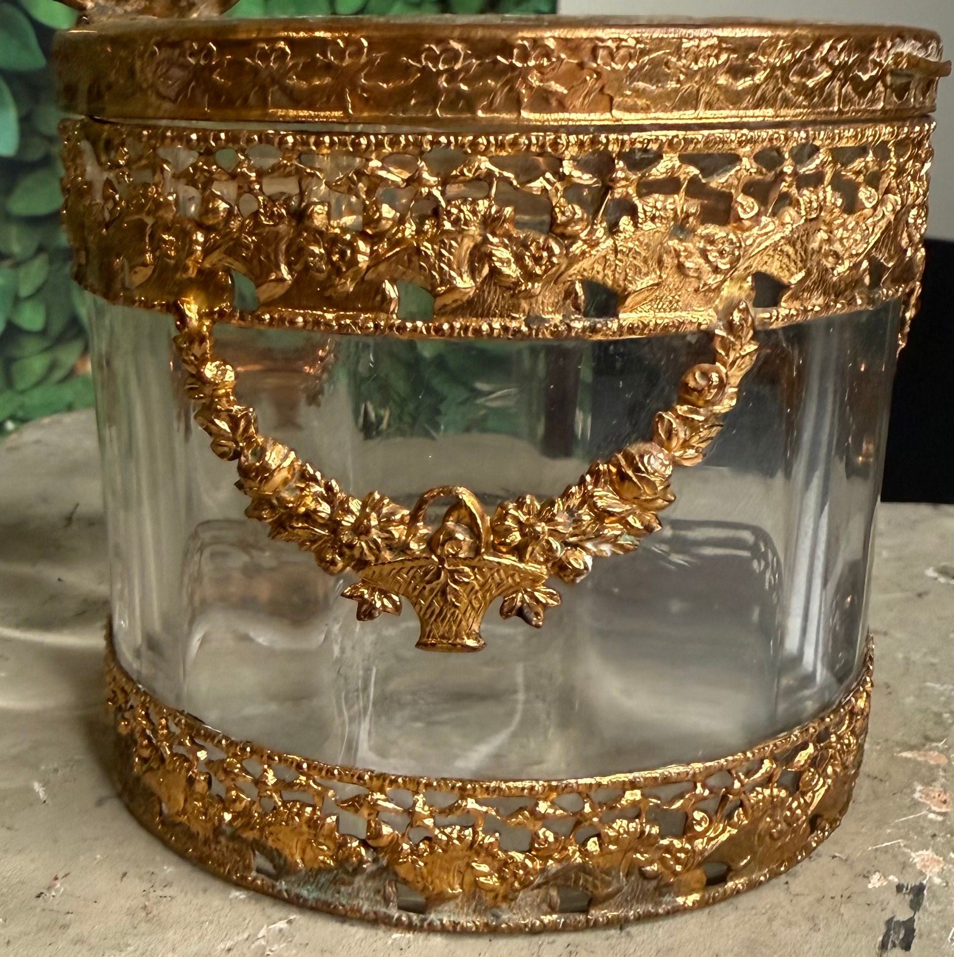 Antique French Gilt Brass and Glass Bonbonnière — Louis XVI Style Rose Swag and Basket Late 19th Century