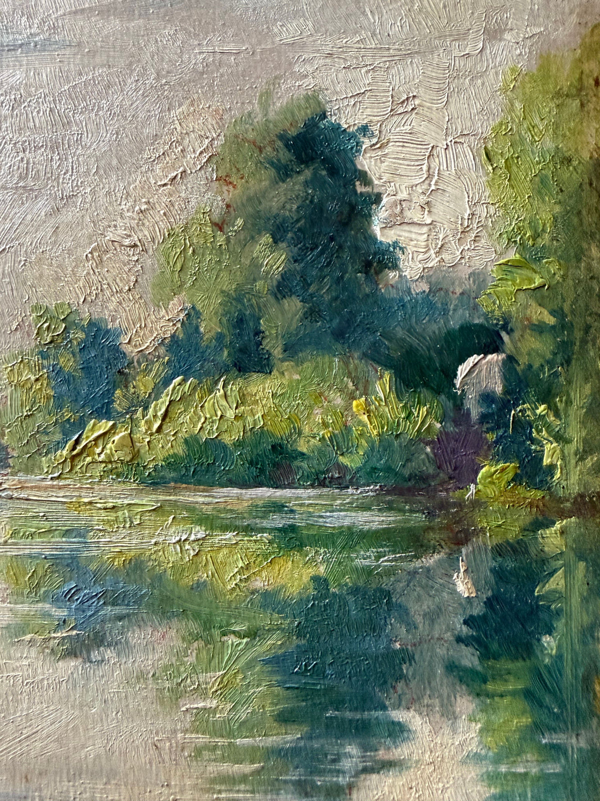Antique French Oil on Board, River Landscape with Castle Ruins, Signed, c.1920