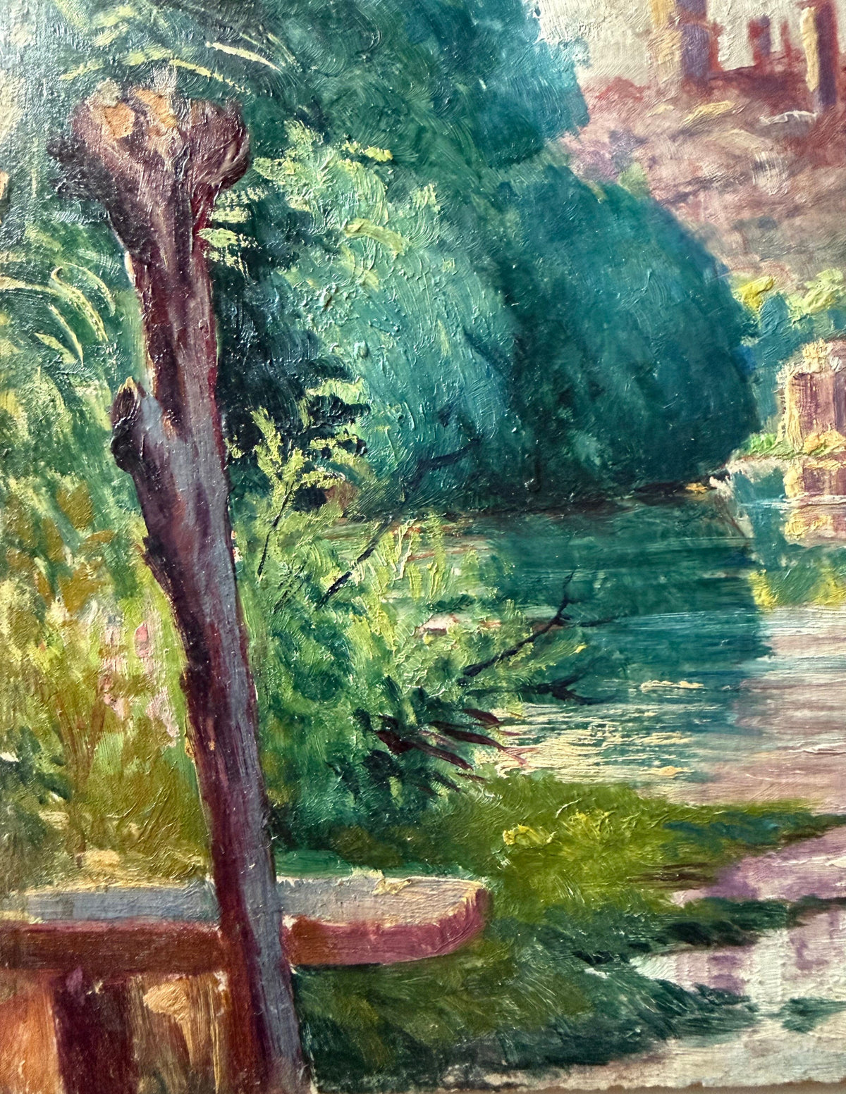 Antique French Oil on Board, River Landscape with Castle Ruins, Signed, c.1920