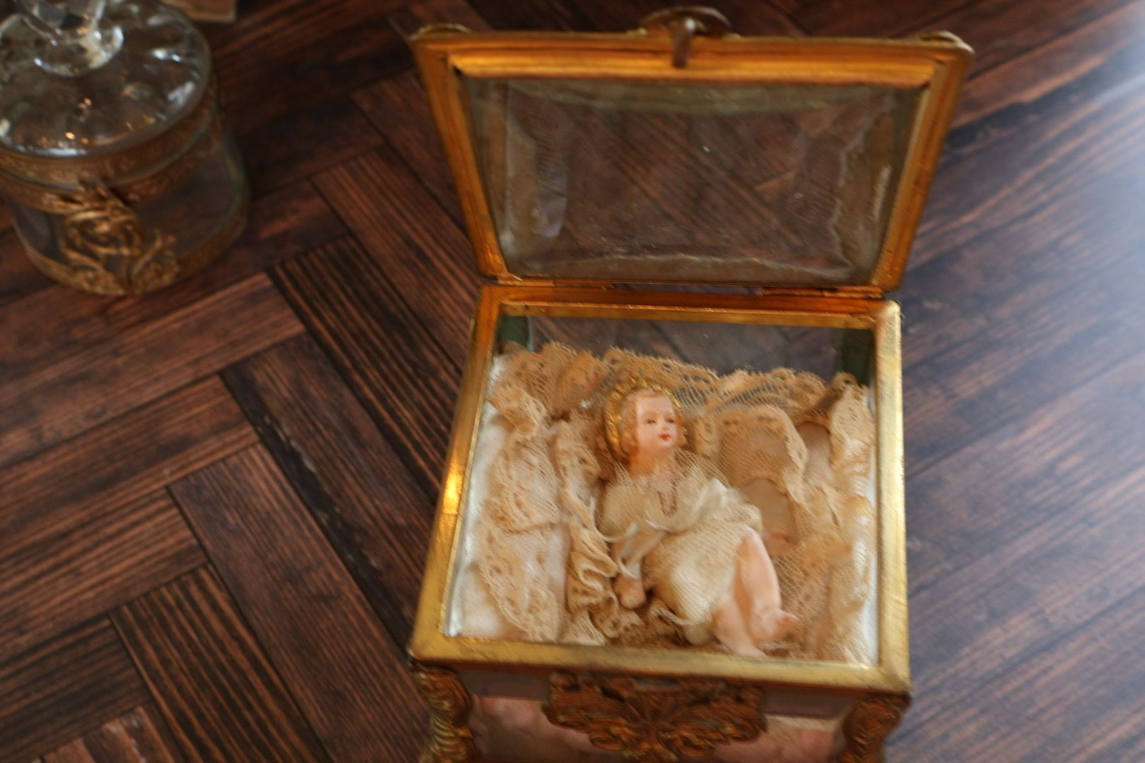 French Ormolu Glass Vitrine Casket, Wax Infant Figure