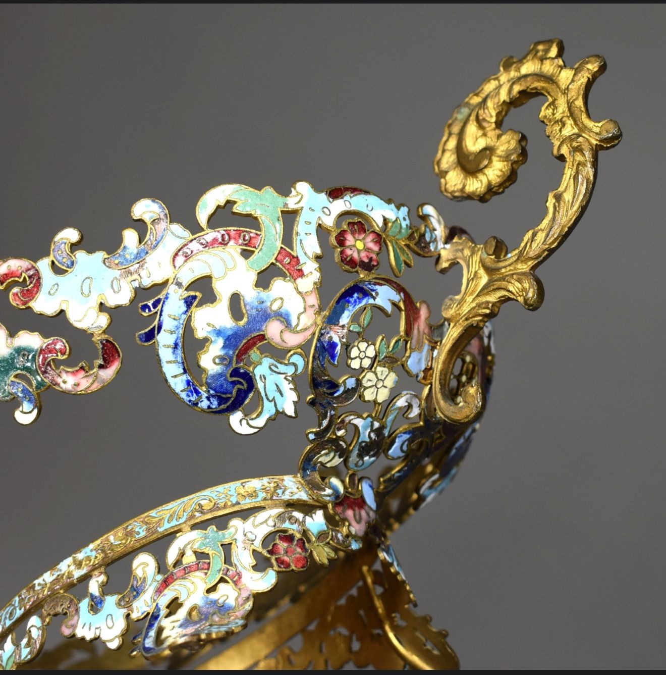 French Champlevé & Gilt Bronze Centerpiece Bowl, Rococo Revival, c.1870
