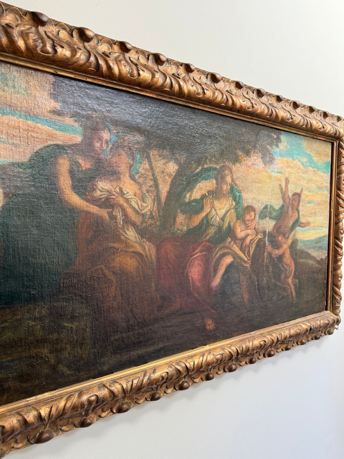 Italian School Oil, Allegorical Scene, Figures and Putti, Overdoor, Gilt Frame