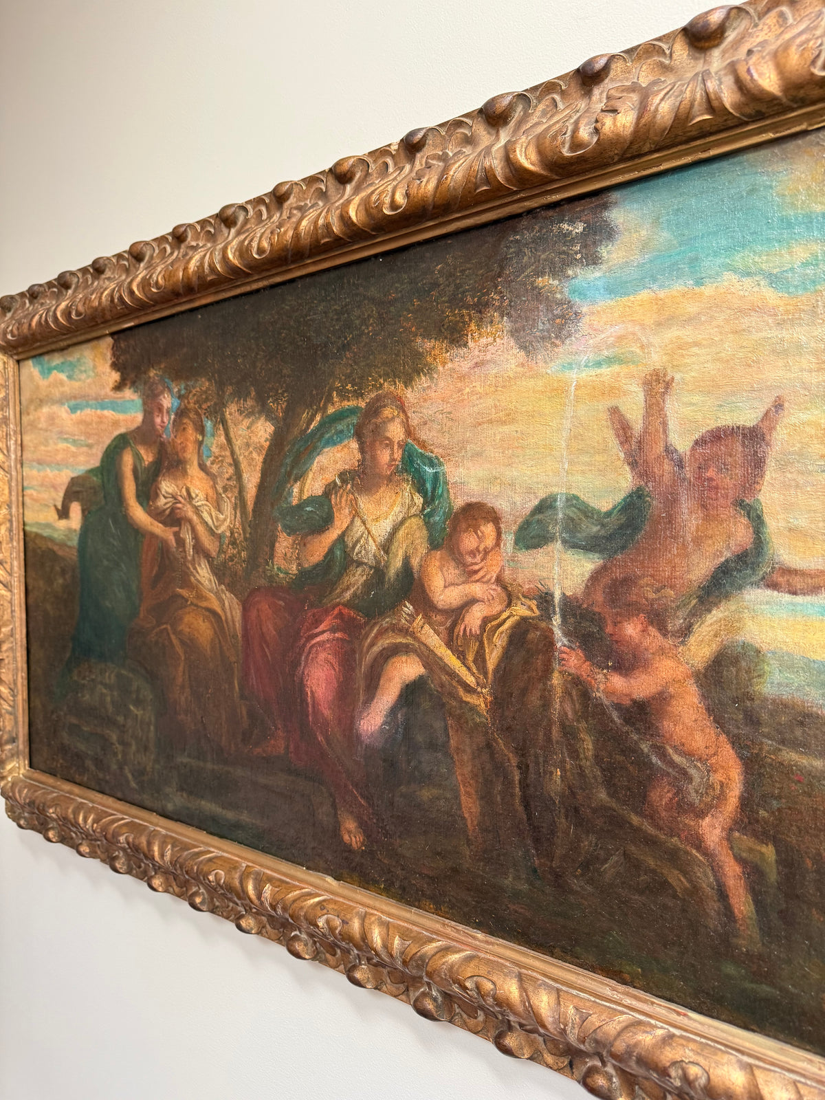 Italian School Oil, Allegorical Scene, Figures and Putti, Overdoor, Gilt Frame