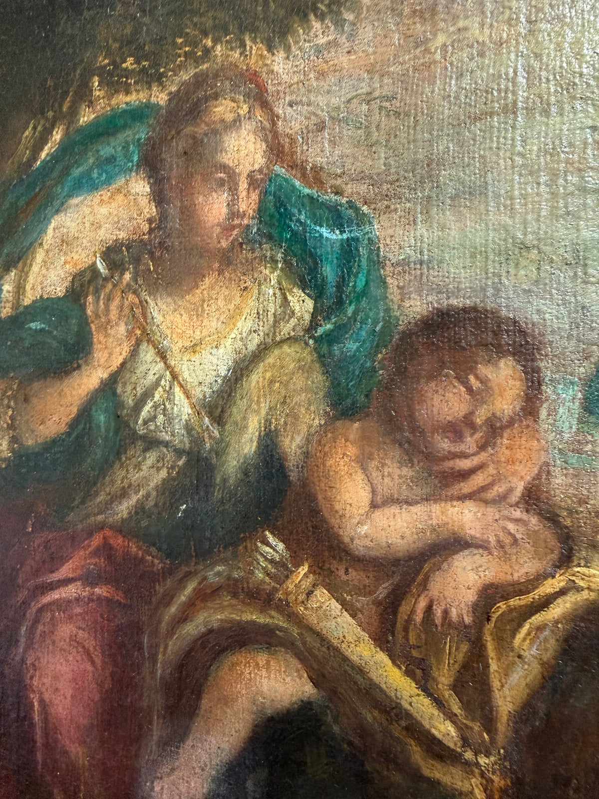 Italian School Oil, Allegorical Scene, Figures and Putti, Overdoor, Gilt Frame