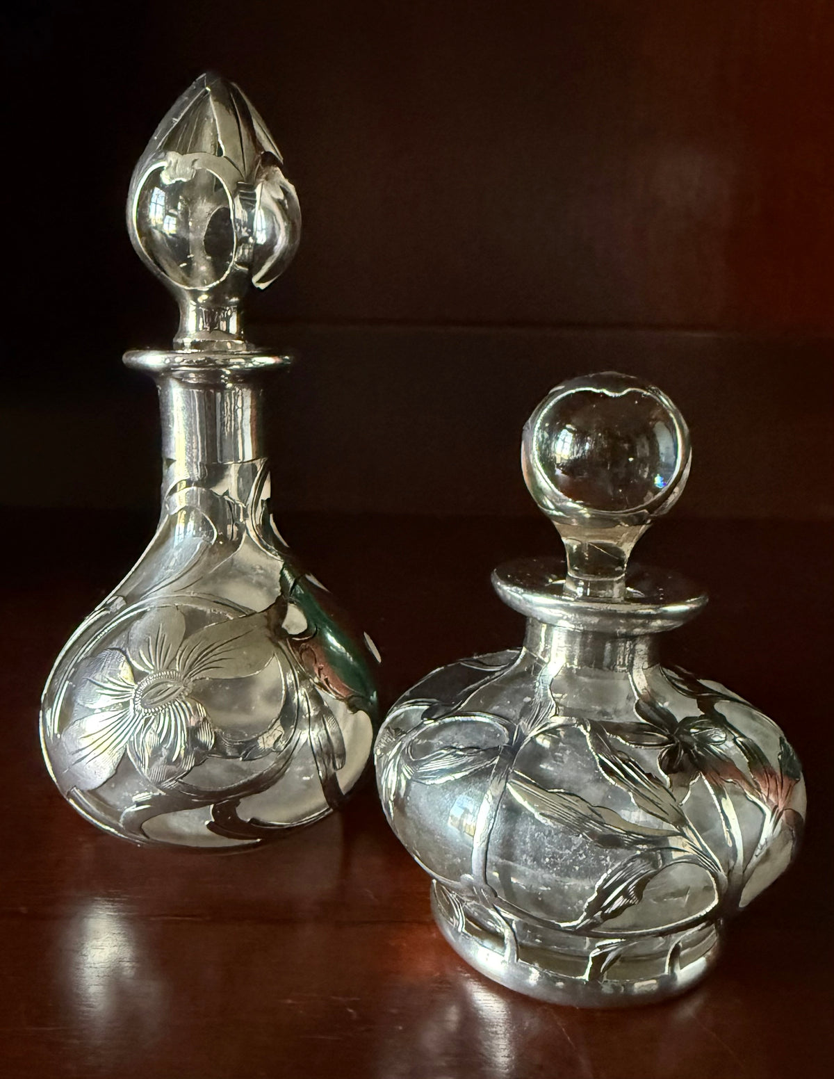 Pair Antique Sterling Silver Overlay Perfume Bottles, Engraved Art Nouveau