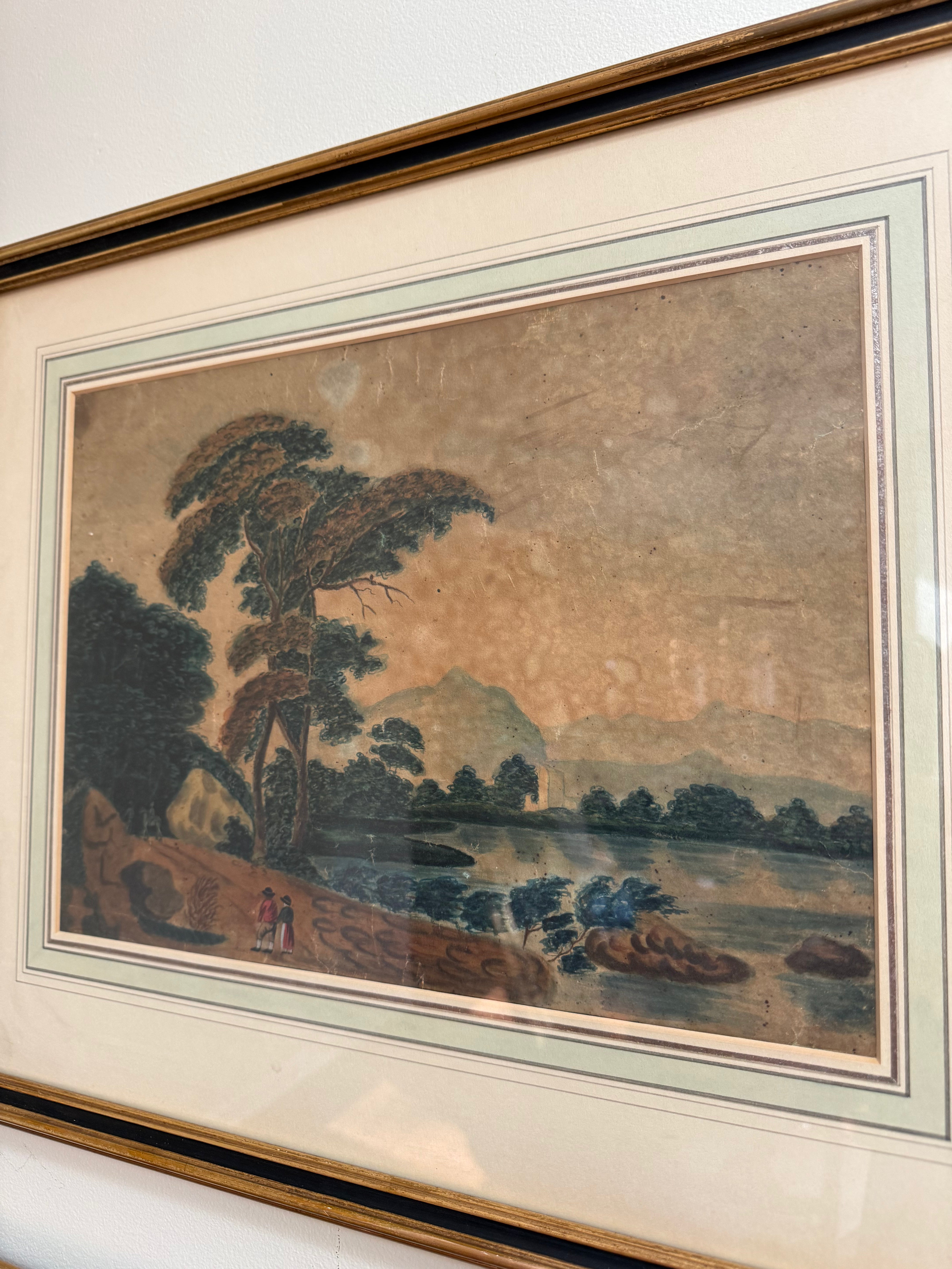 American Folk Art Watercolors, Pair, Landscapes, Proudfit Family, c.1850