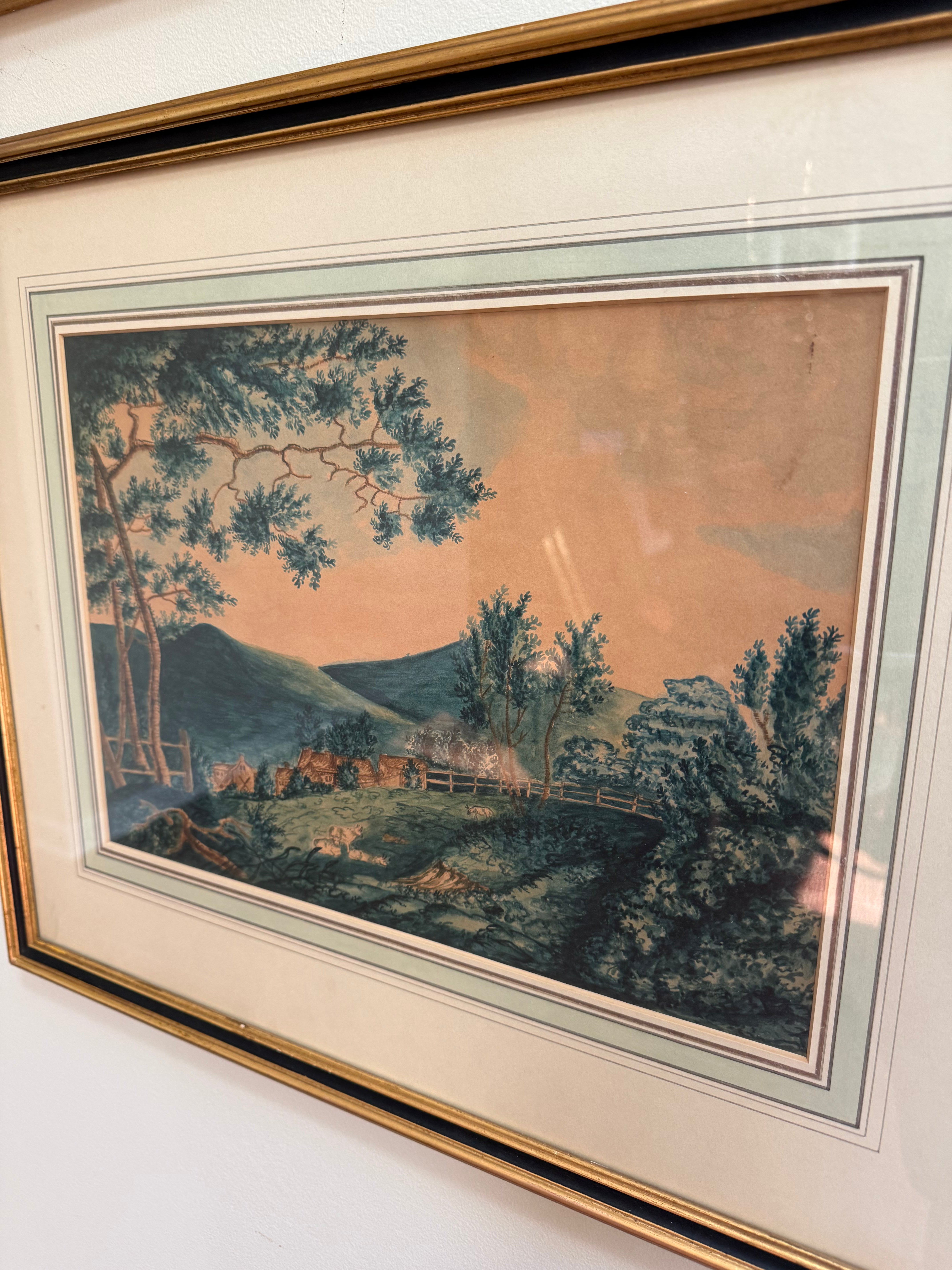 American Folk Art Watercolors, Pair, Landscapes, Proudfit Family, c.1850