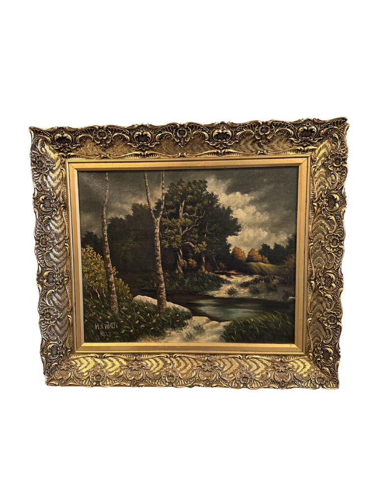 Signed Oil, Birch Trees and Stream Wooded Landscape, H.V. Walti 1922, Gilt Frame