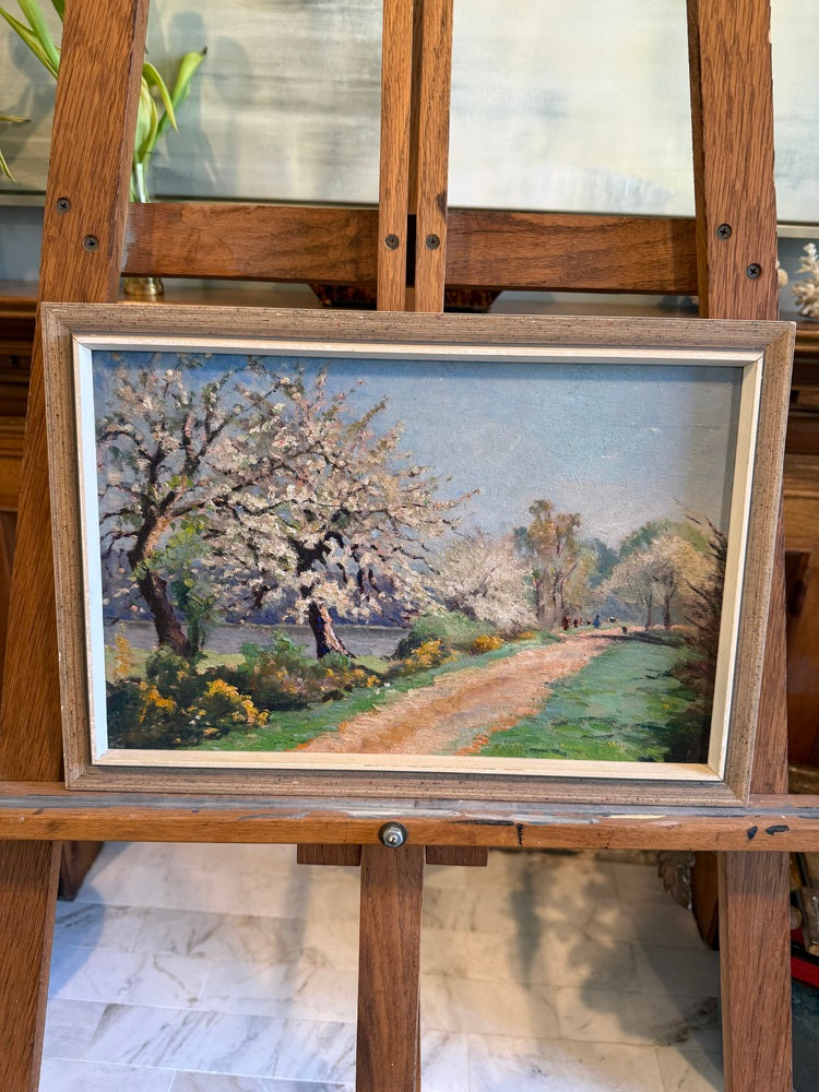 Vintage European Impressionist Oil, Spring Blossom Landscape, Figures, Unsigned