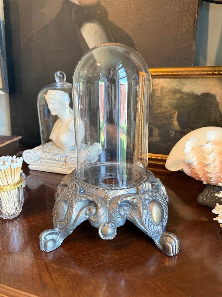 Glass Cloche, Ornate Cast Metal Base, Acanthus Paw Feet, Display Dome