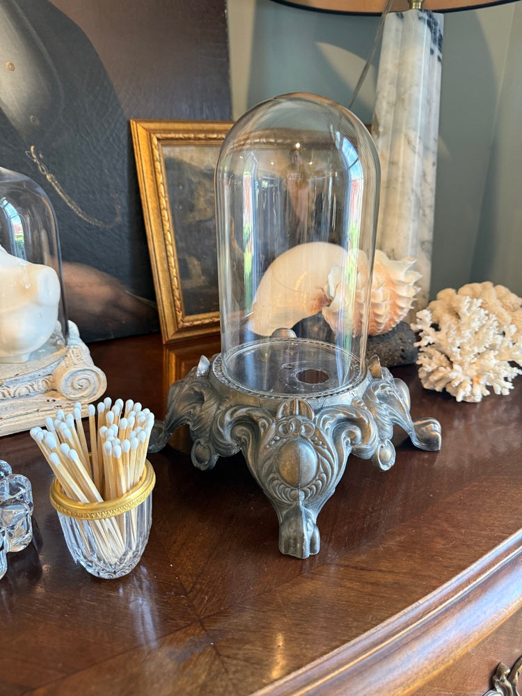 Glass Cloche, Ornate Cast Metal Base, Acanthus Paw Feet, Display Dome