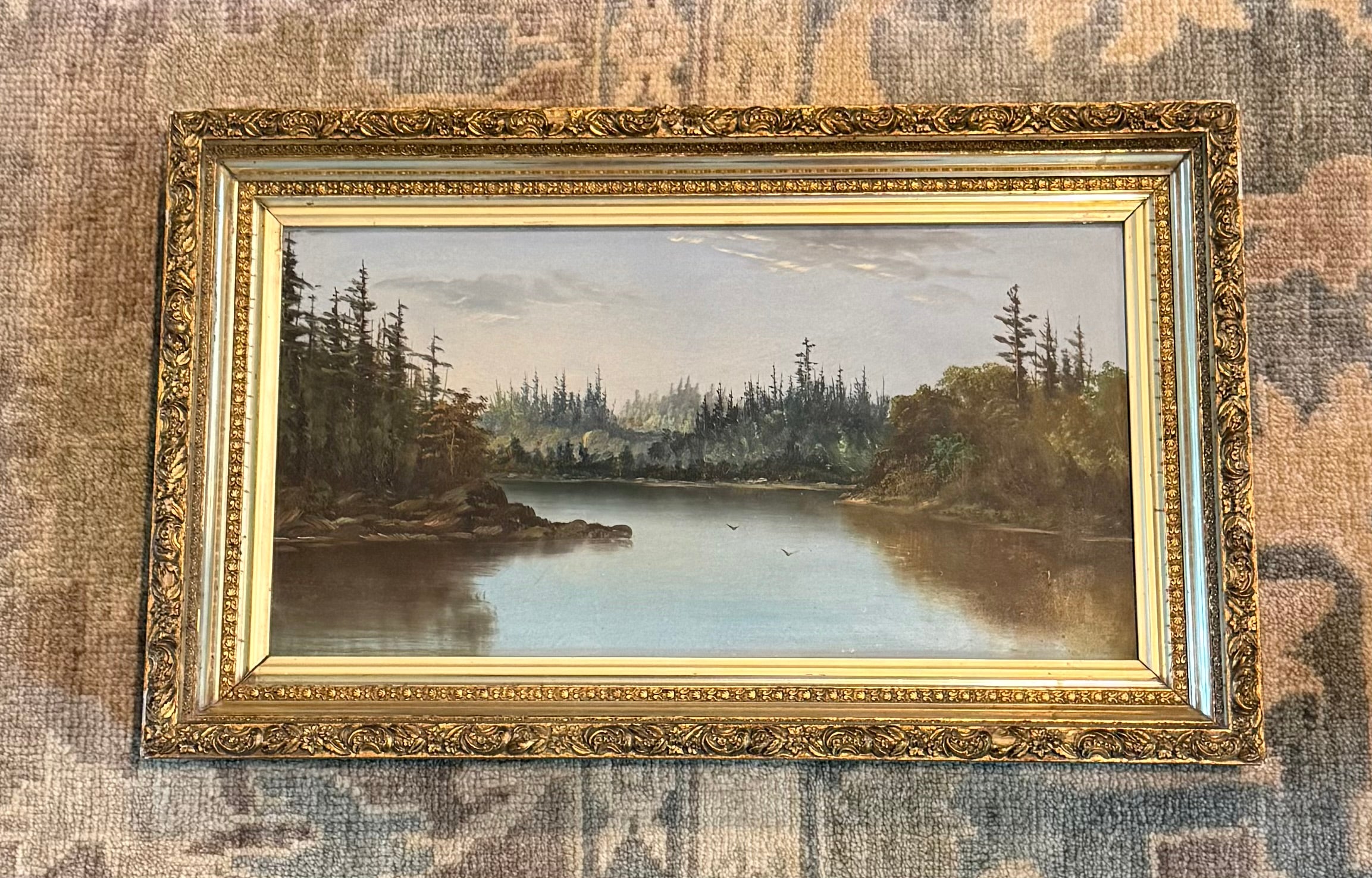 Late 19th Century Lake with Conifers Landscape, Oil on Board, Period Gilt Frame
