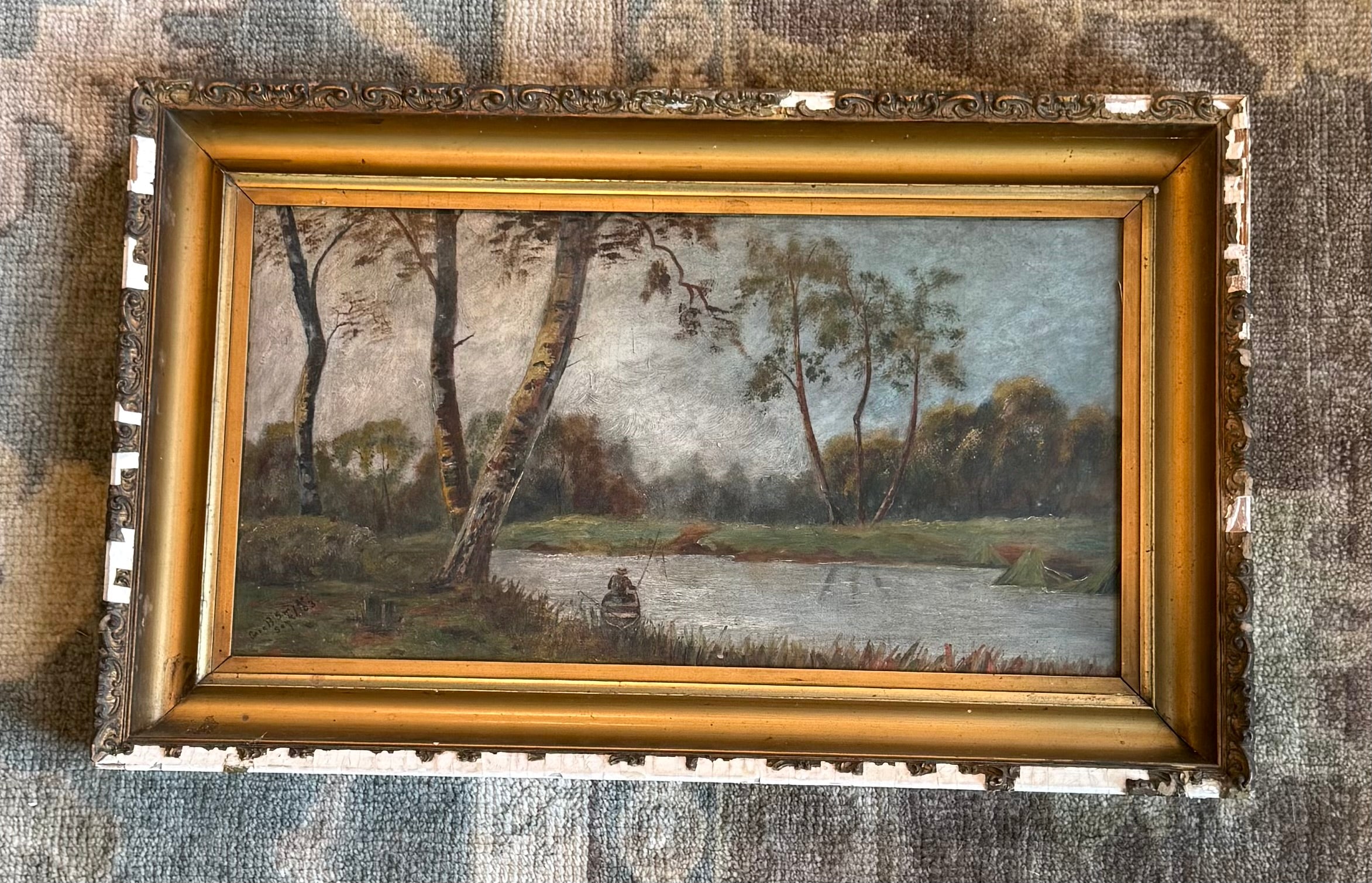 Antique European Oil on Panel River Landscape — Late 19th Century Romantic Tradition Signed Period Gilt Frame