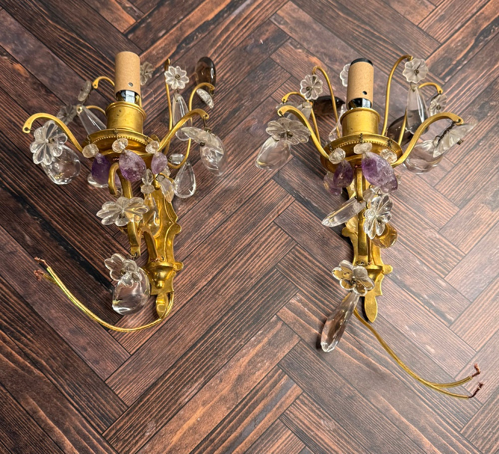 Pair French Gilt Metal Sconces, Rock Crystal and Amethyst, Bagues Style, 20th C.