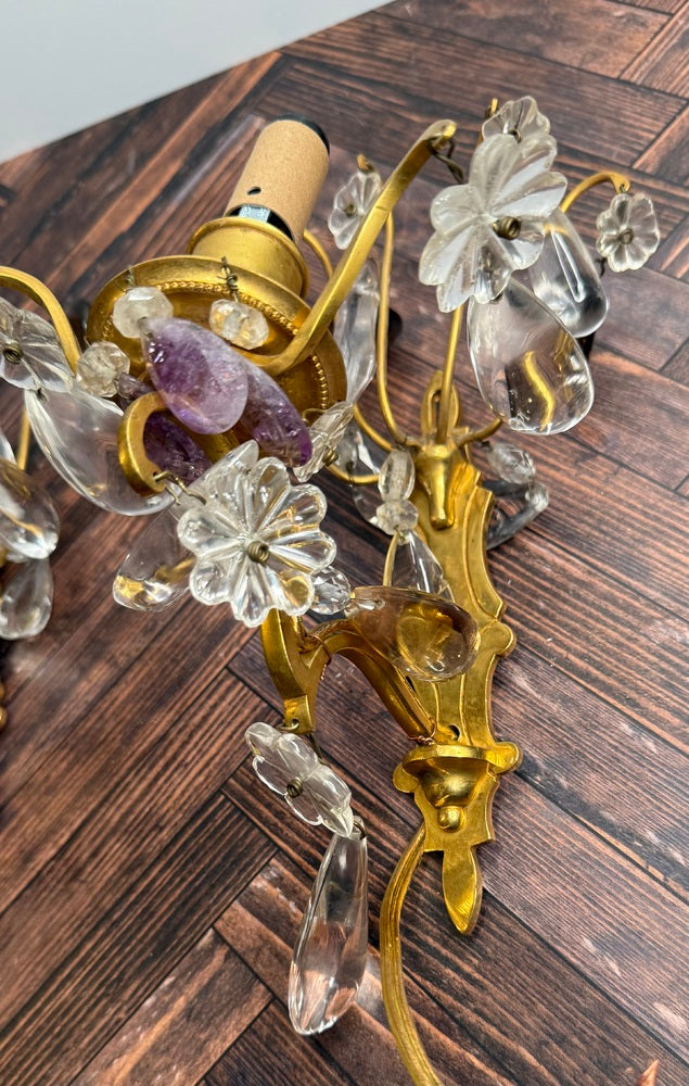 Pair French Gilt Metal Sconces, Rock Crystal and Amethyst, Bagues Style, 20th C.