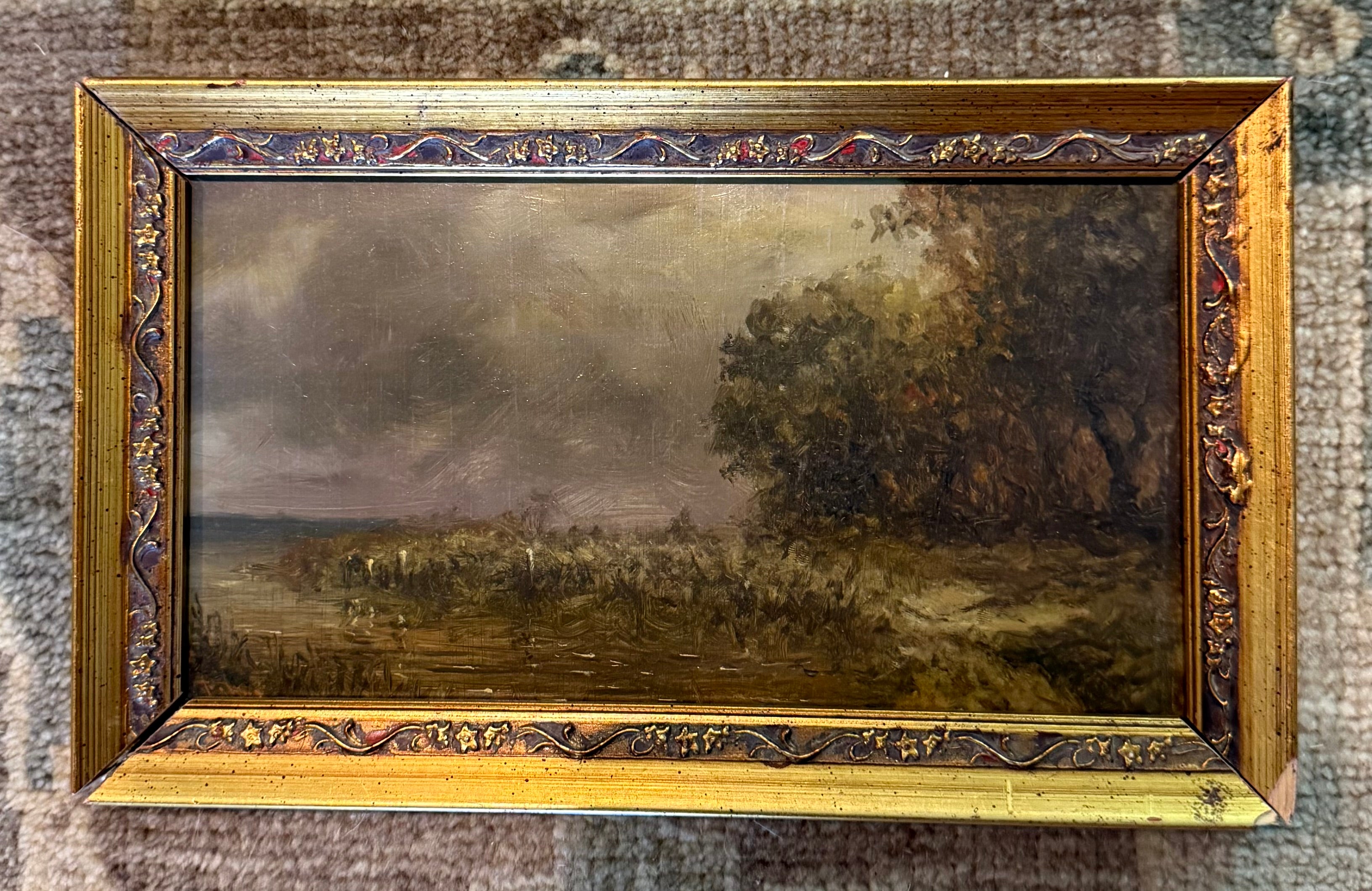 Antique Atmospheric Landscape Oil on Board — Tonalist Sky and Trees Late 19th Century