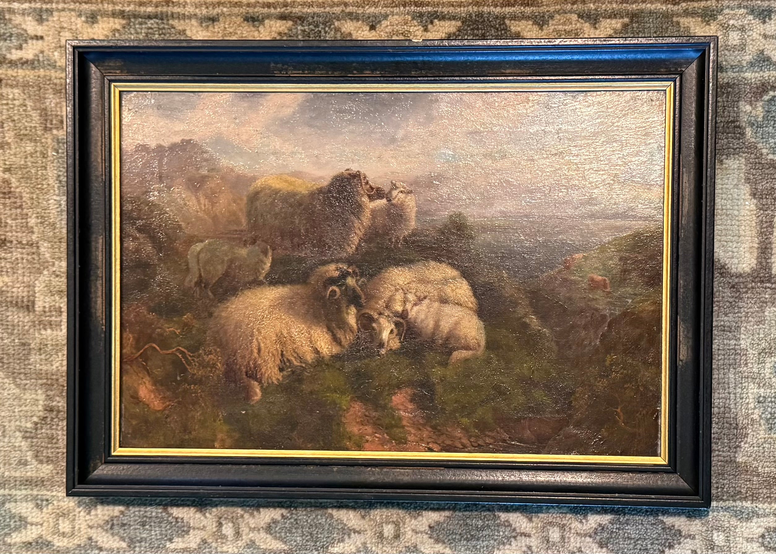 Antique British Oil on Canvas Highland Sheep Study — Victorian Animal Painting London Colorman's Stamp