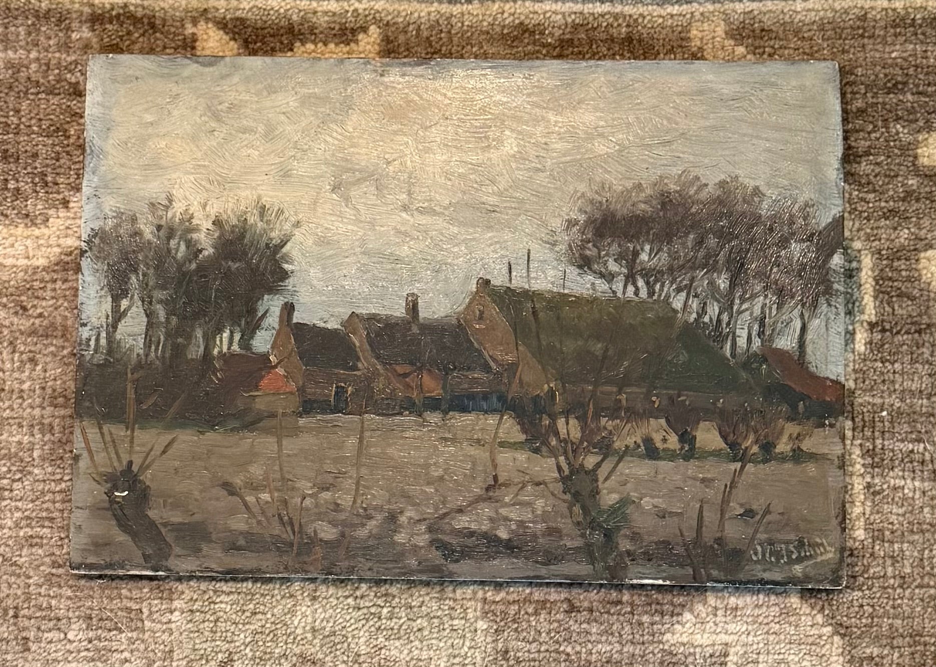 Antique European Oil on Board Winter Farm Village — Hague School Tradition Signed