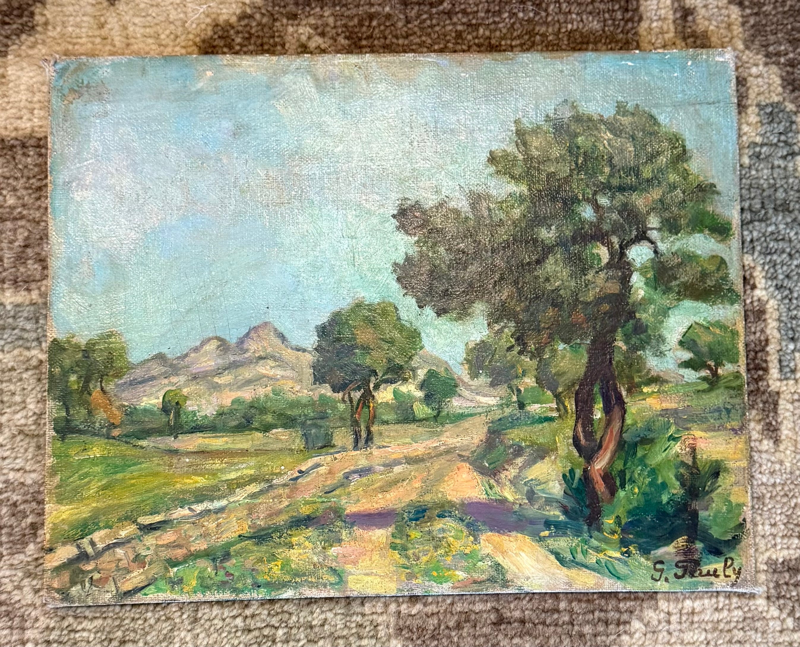 Antique French Oil on Canvas Board Provençal Landscape — Signed G. Fauly Olive Trees and Mountain