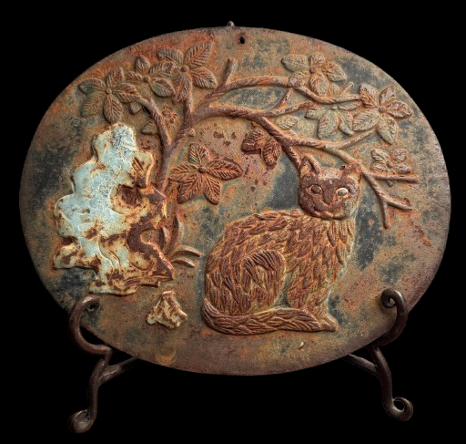 Antique Cast Iron Oval Wall Plaque — Bas-Relief Cat Among Flowering Branches Late 19th Century
