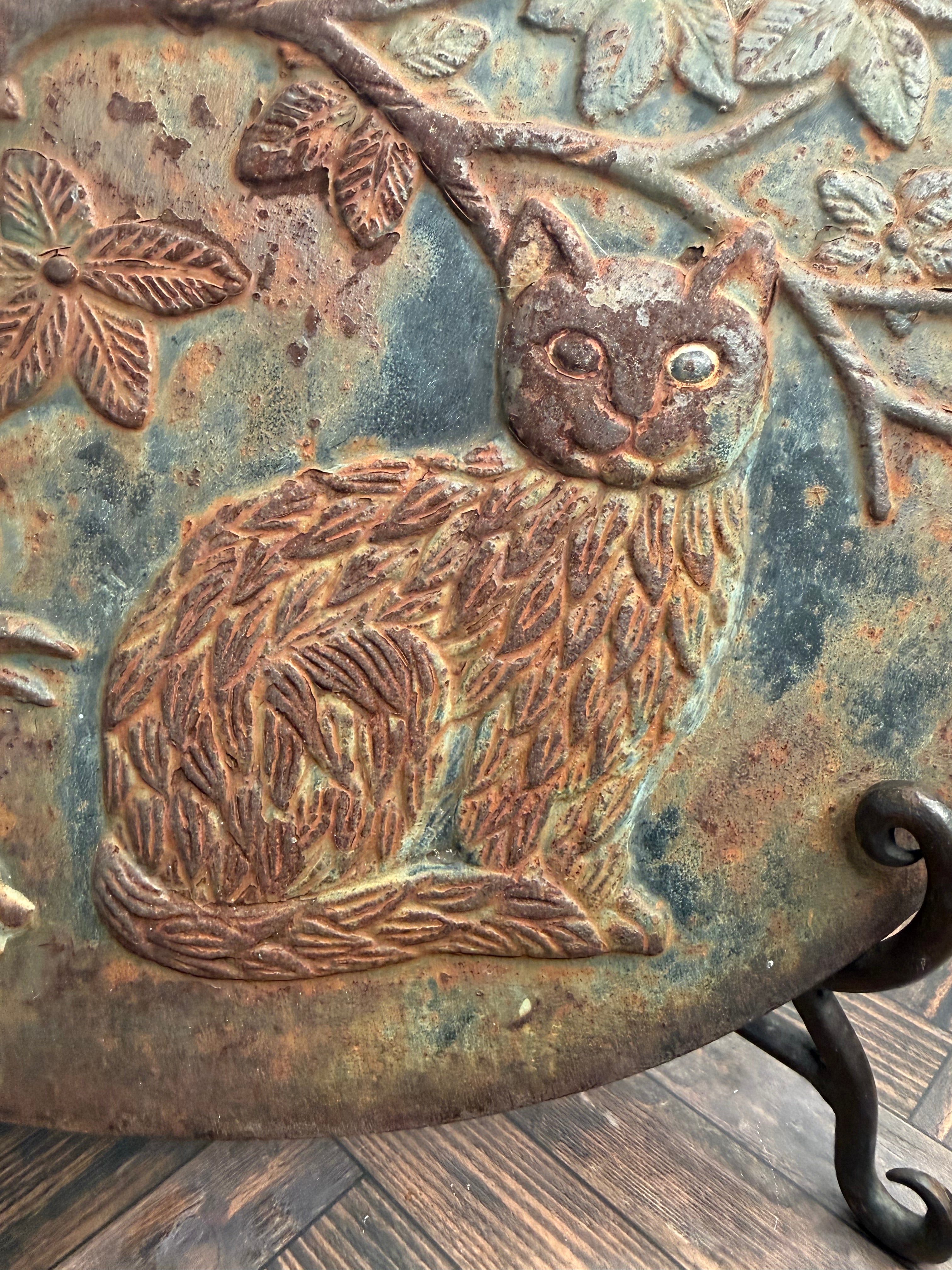 Antique Cast Iron Oval Wall Plaque — Bas-Relief Cat Among Flowering Branches Late 19th Century