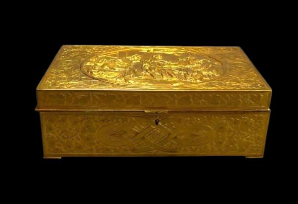Antique French Gilt Brass Figural Casket — Signed E. Laurent High-Relief Tavern Scene 19th Century