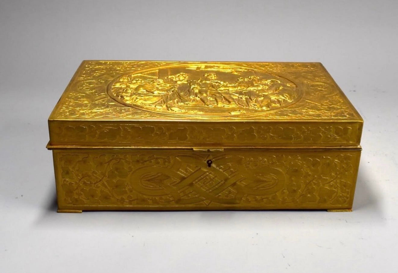Antique French Gilt Brass Figural Casket — Signed E. Laurent High-Relief Tavern Scene 19th Century