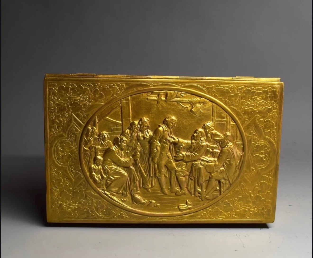 Antique French Gilt Brass Figural Casket — Signed E. Laurent High-Relief Tavern Scene 19th Century