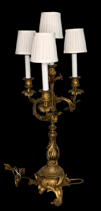 Antique French Brass Four-Light Candelabra Table Lamp — Louis XV Style Rococo Revival Electrified