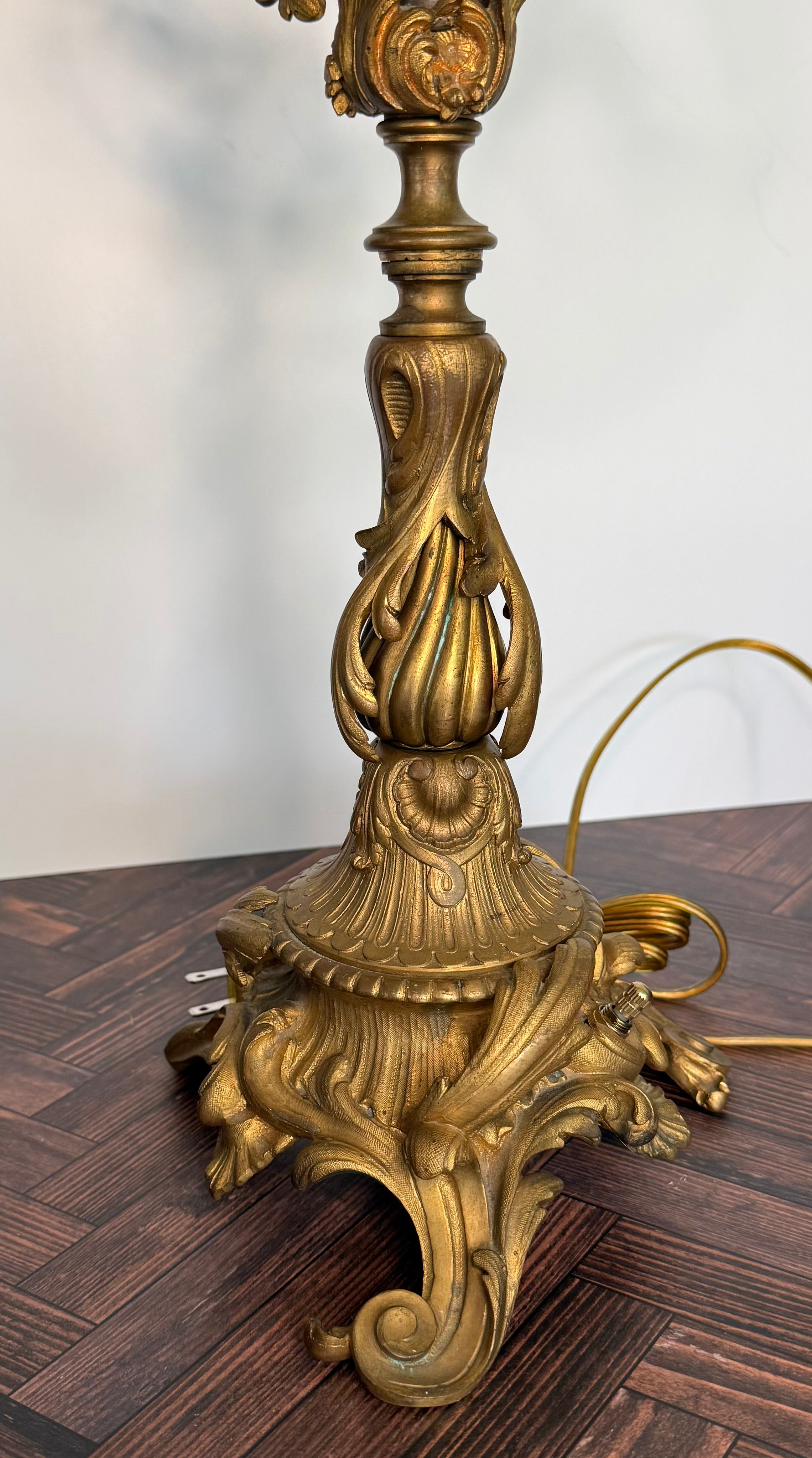 Antique French Brass Four-Light Candelabra Table Lamp — Louis XV Style Rococo Revival Electrified