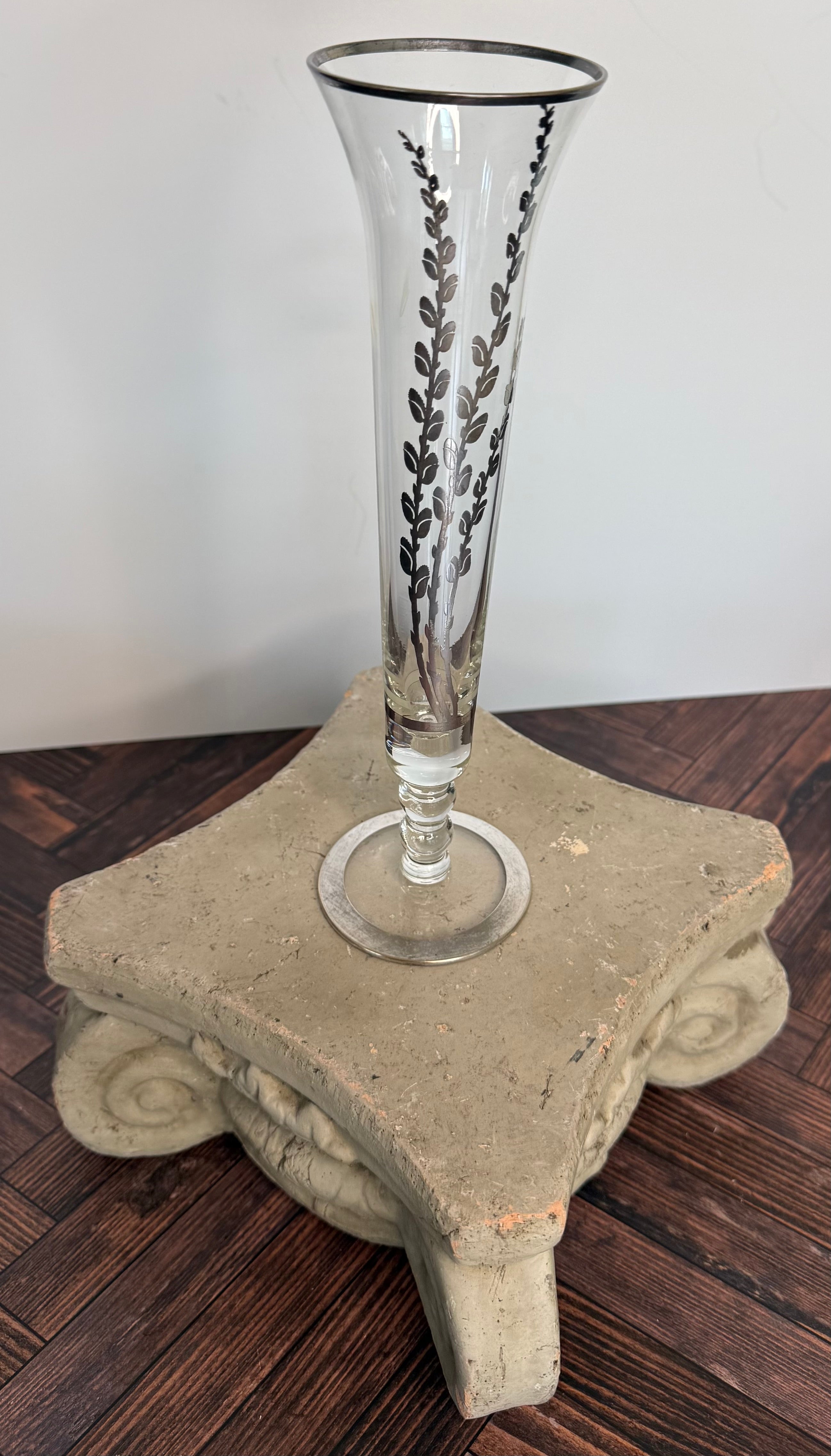 Antique Silver Overlay Glass Trumpet Vase