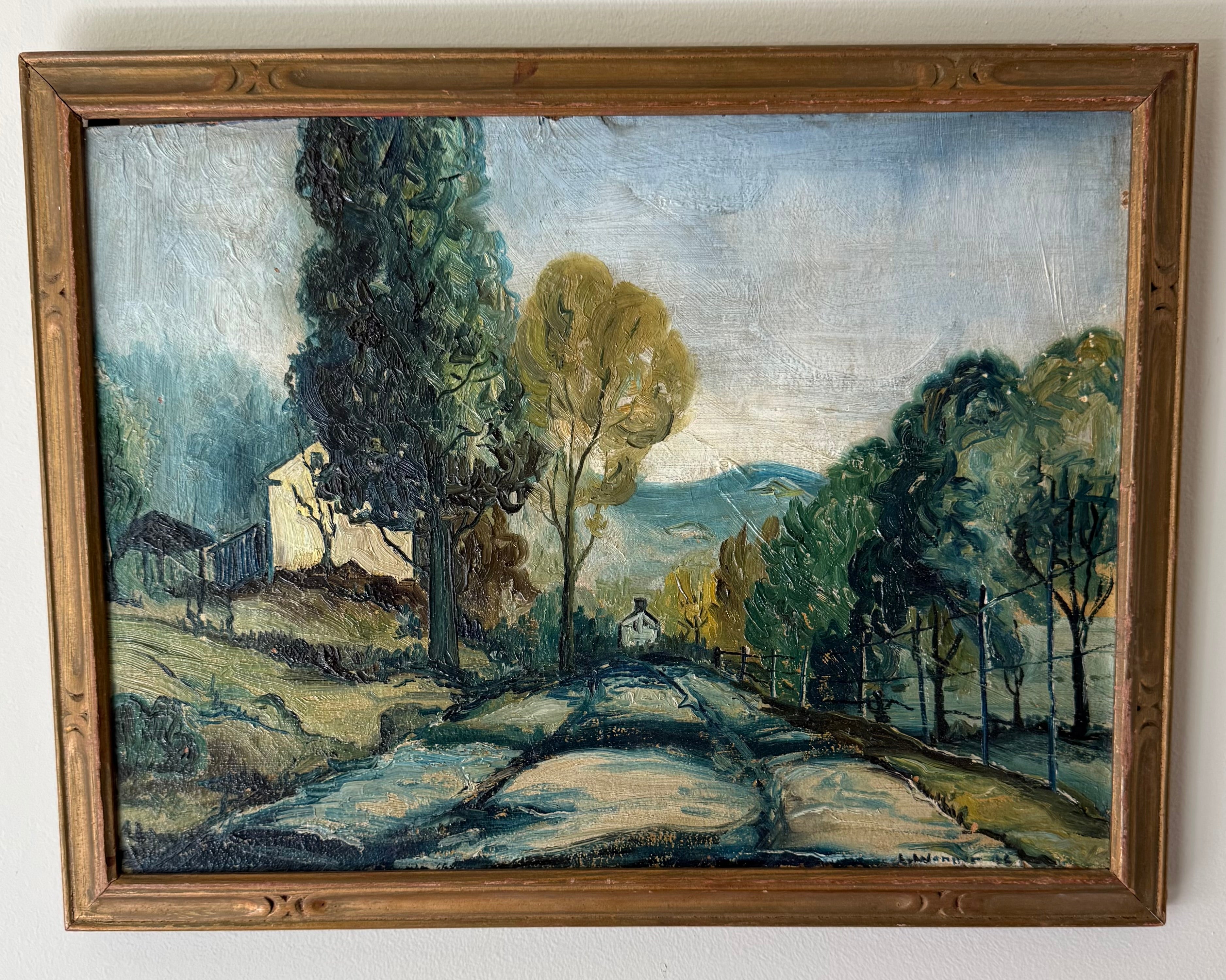 Vintage American Oil on Board Pennsylvania Landscape — "Clay Road" Signed L.J. Wenner 1942