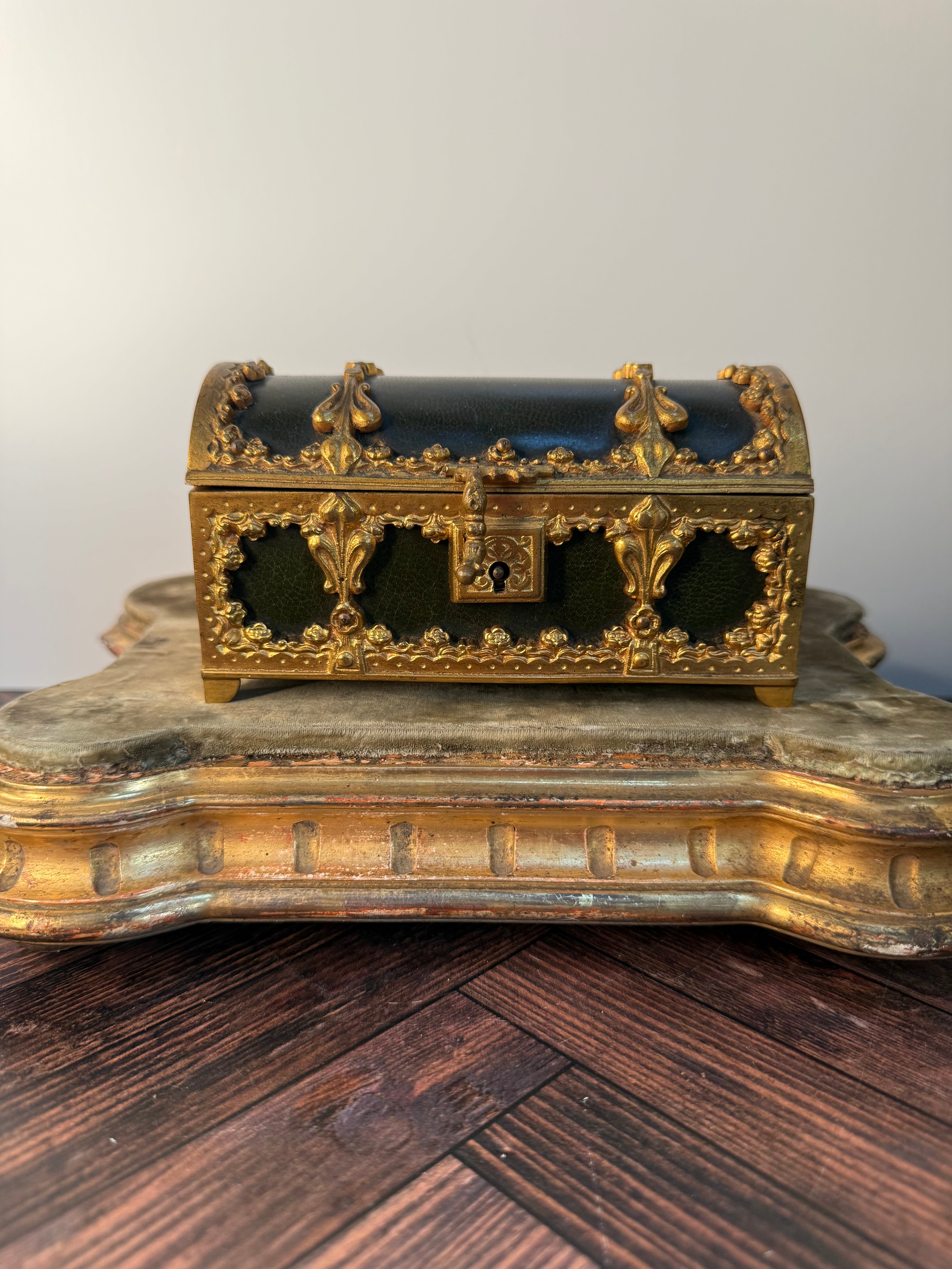 Antique French Gilt Brass and Leather Jewelry Casket — Napoleon III c.1870