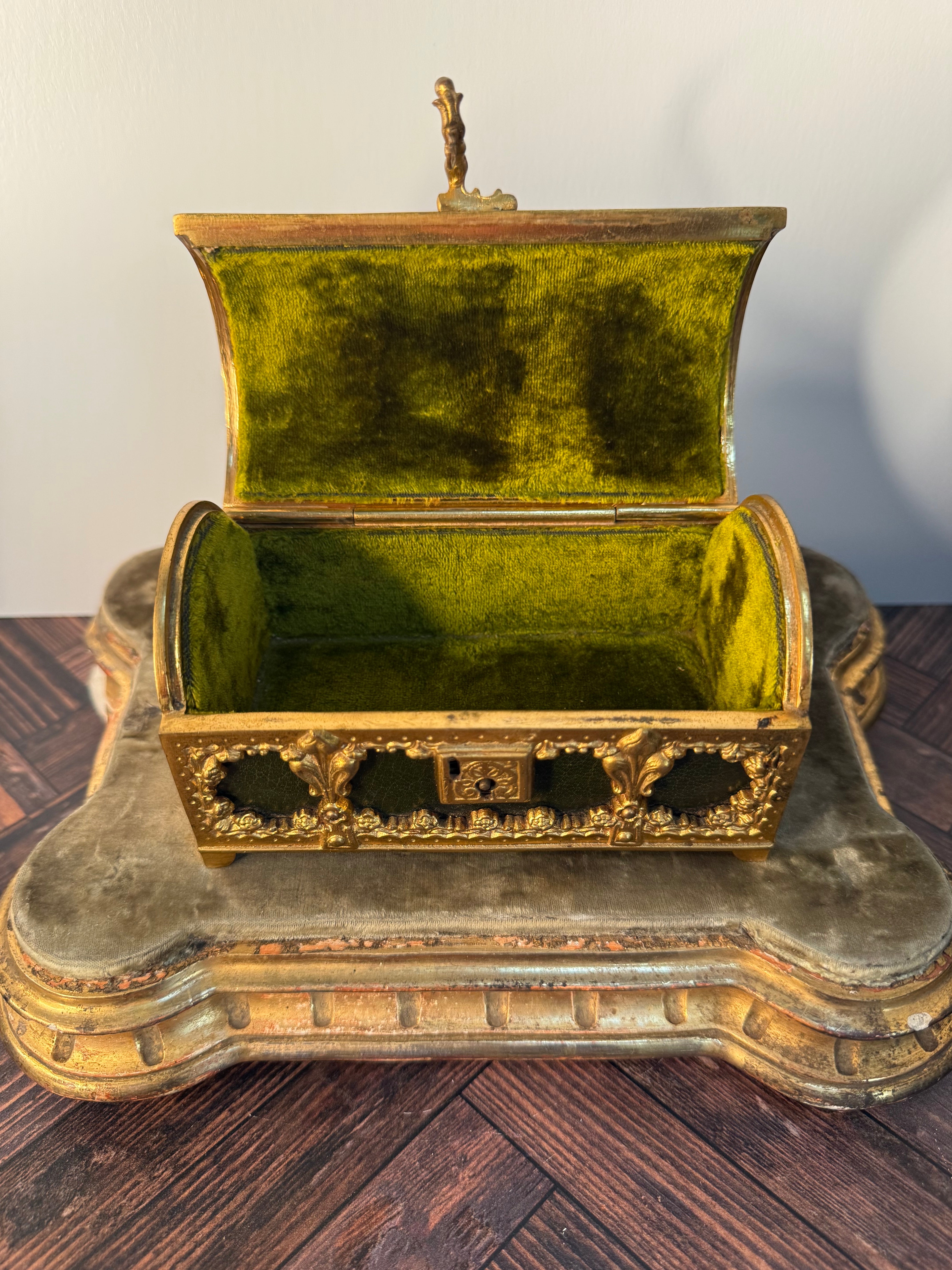 Antique French Gilt Brass and Leather Jewelry Casket — Napoleon III c.1870