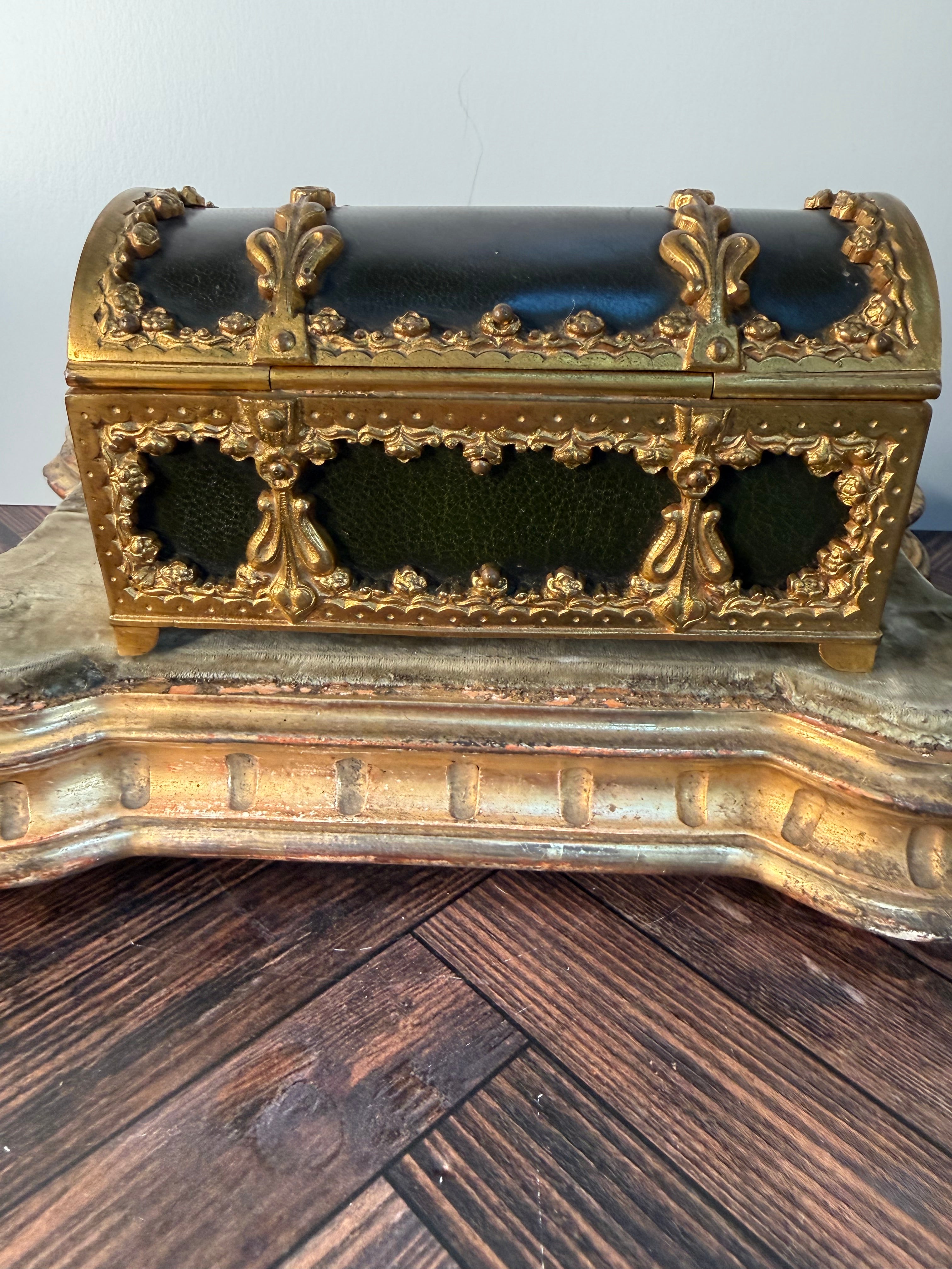 Antique French Gilt Brass and Leather Jewelry Casket — Napoleon III c.1870