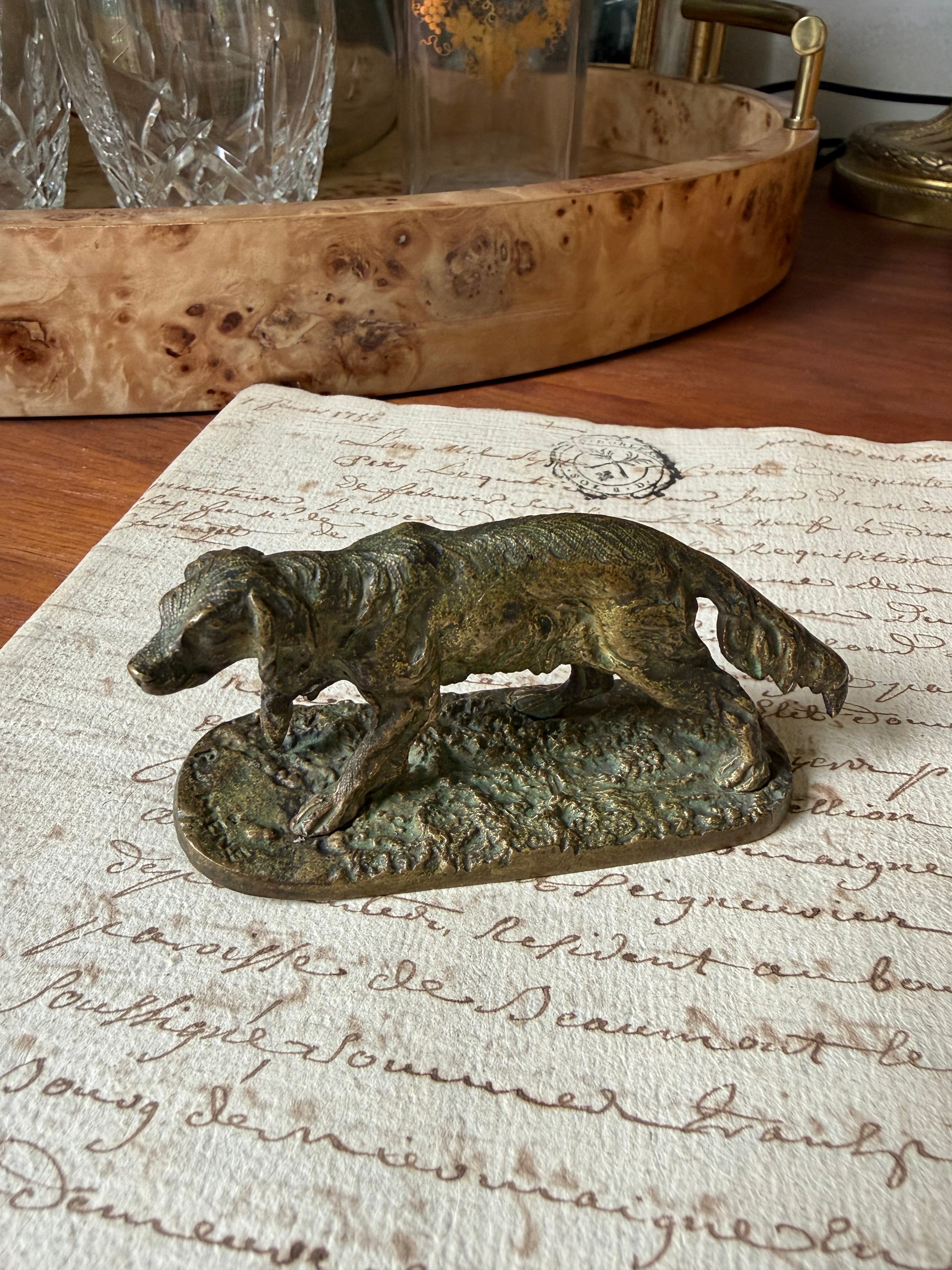 Antique French bronze setter on point signed P.J. Mêne, 19th century animalier sculpture on period document