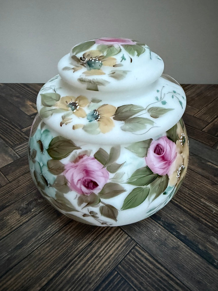 L.G. Wright Hand-Painted Milk Glass Candy Box, Pink Roses, Mid 20th Century