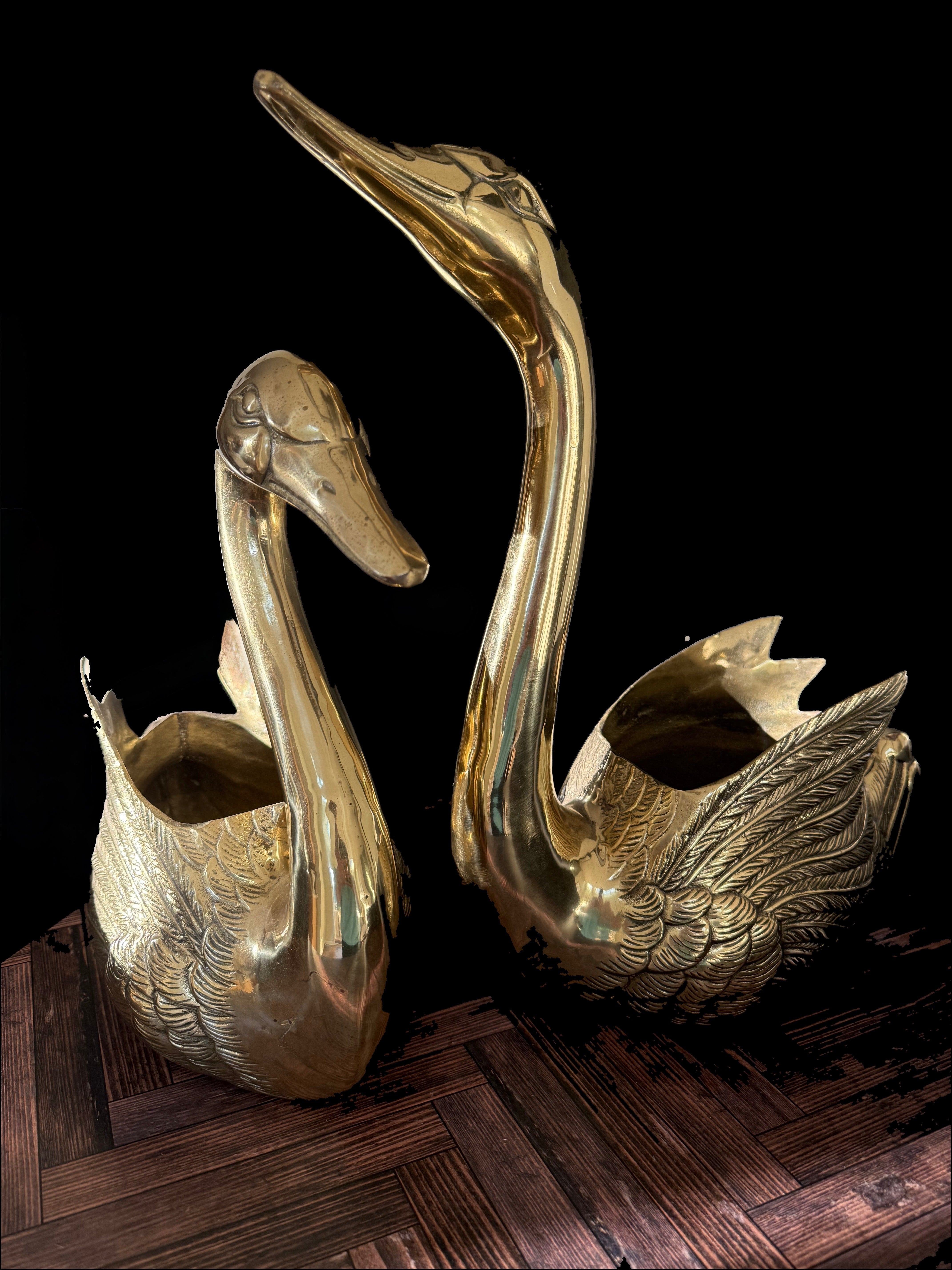 Antique Brass Swan Planter Pair